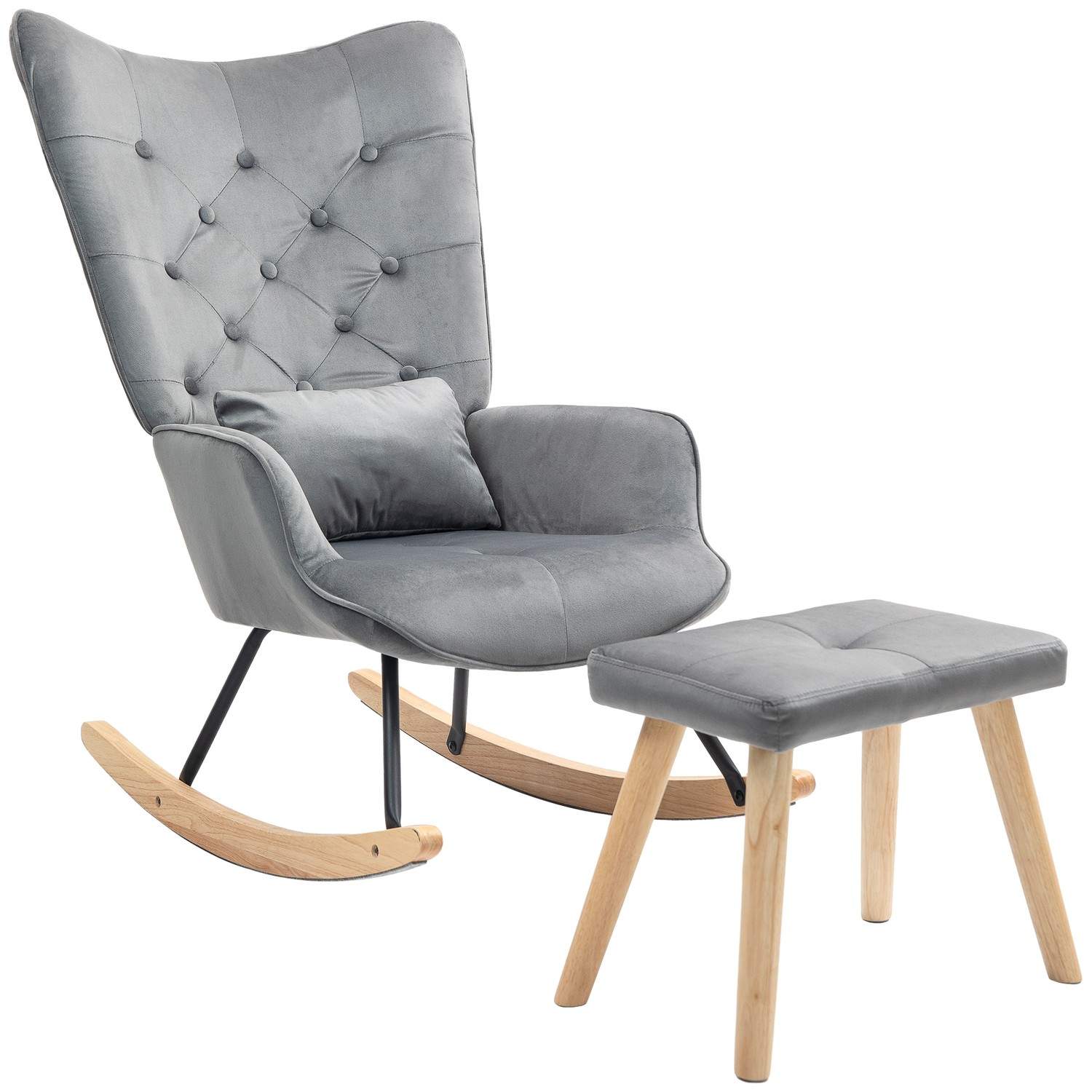 Gyngestol med skammel, afslapningsstol med hynde, fløjlslook, fløjstol med træben til soveværelse, stue, 66 x 96 x 101 cm, mørke