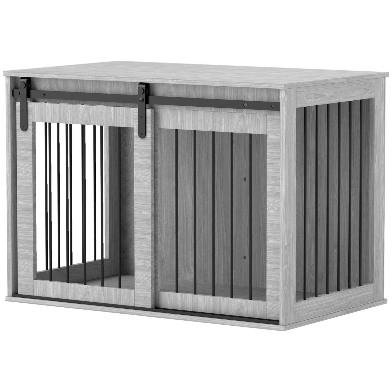 Hundebur til hjemmet, Låsbar hundekennel med indgang, Hundeboks med skydedør, Hundehus til store hunde under 30 kg, Grå, 98 x 58