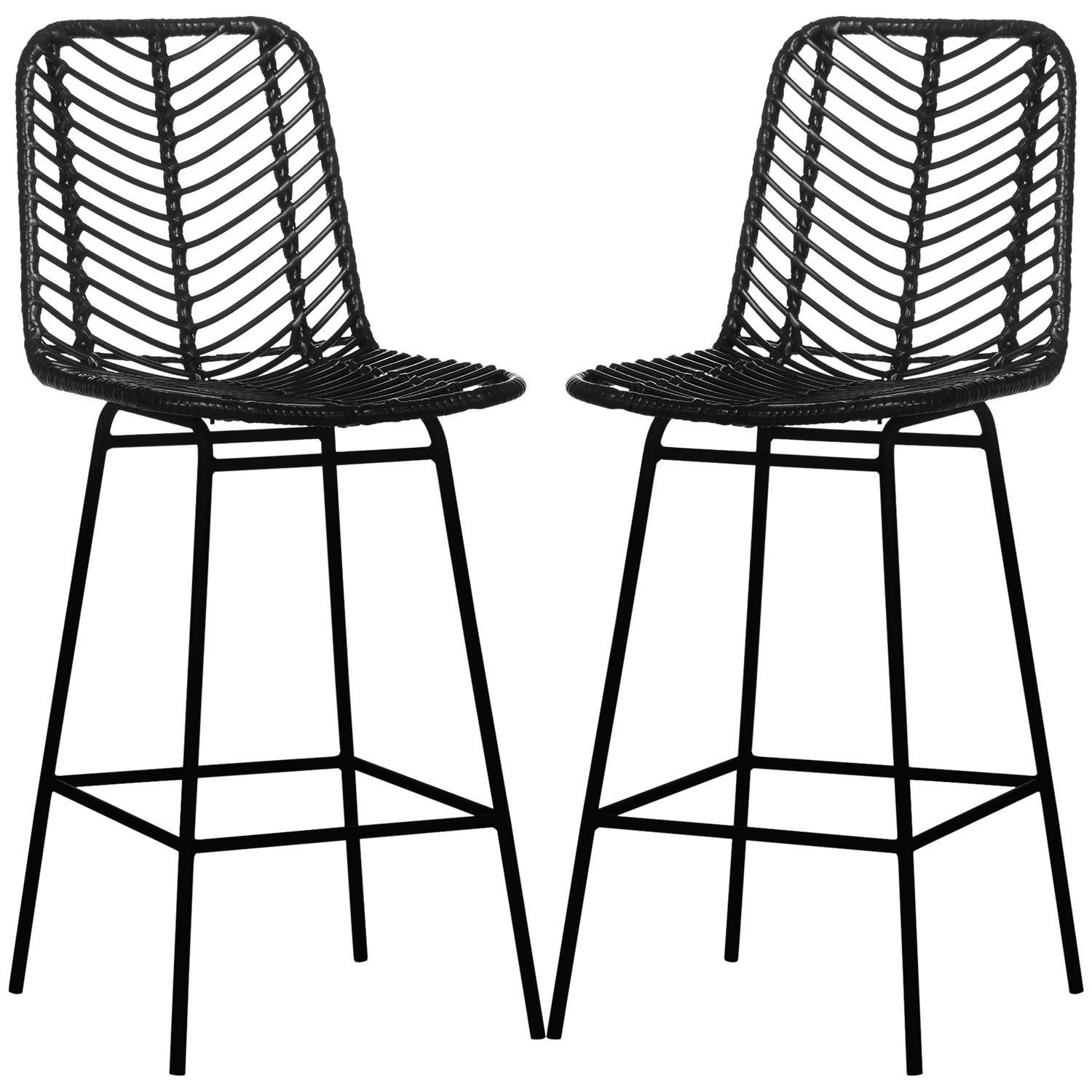 Sæt med 2 barstole, bistrostole med fodstøtte, barstol, køkkenstol med stålben til stue, spisestue, sort, 42,5 x 52 x 102 cm