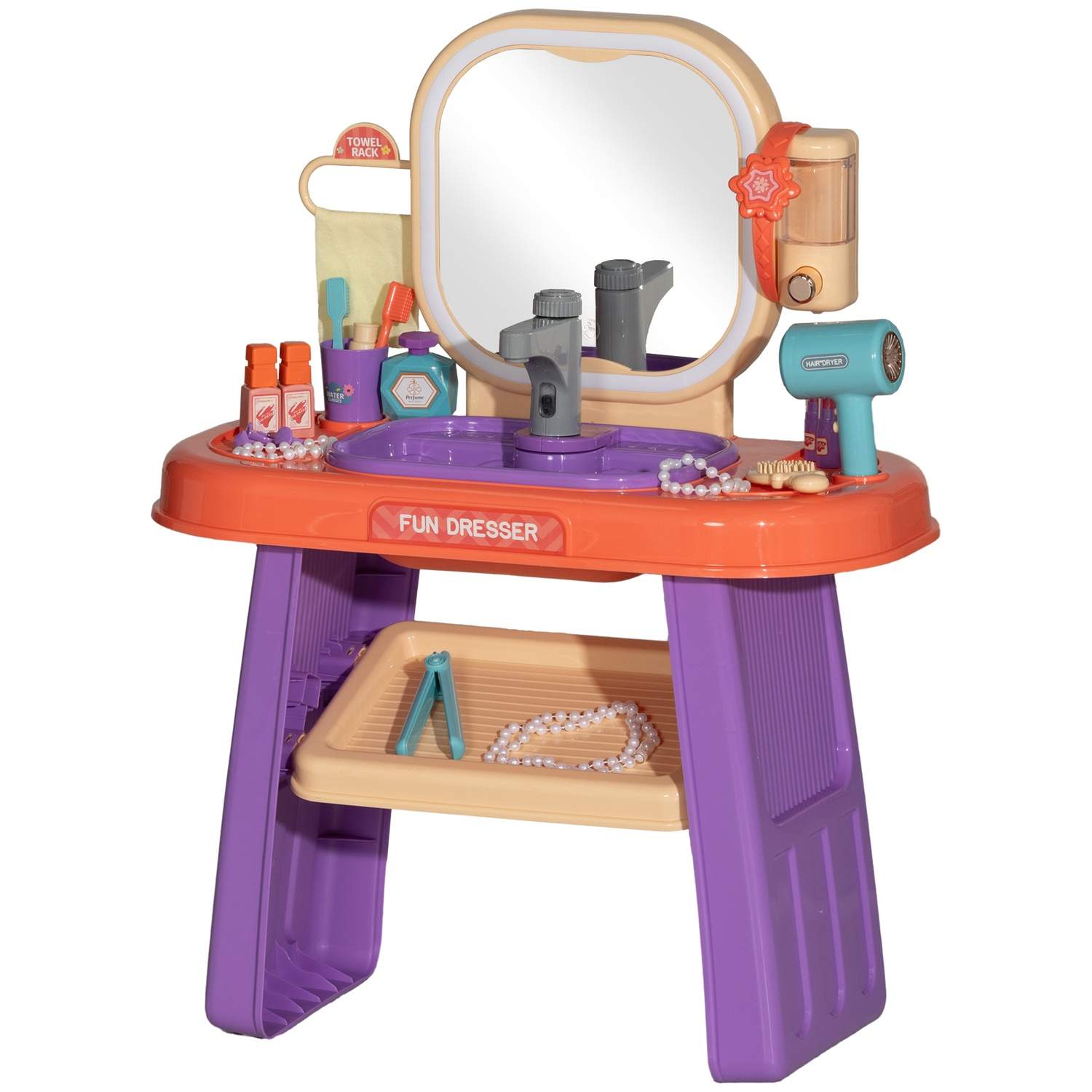 Toiletbord børne toiletbord med spejl, LED lys, musik, kosmetik bord med vandhane, tilbehør til 3-6 år børn, lilla