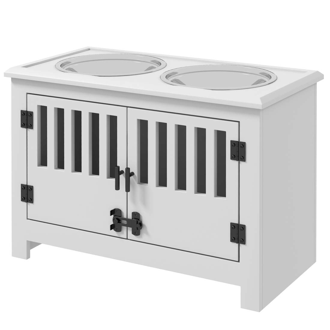 Foderskål, upphöjd foderstation med 2L foderskål i rostfritt stål, förvaringsutrymme, dubbeldörr med lås, hundstång för extra st | Hem & Hobby - Husdjur | Pryloteket