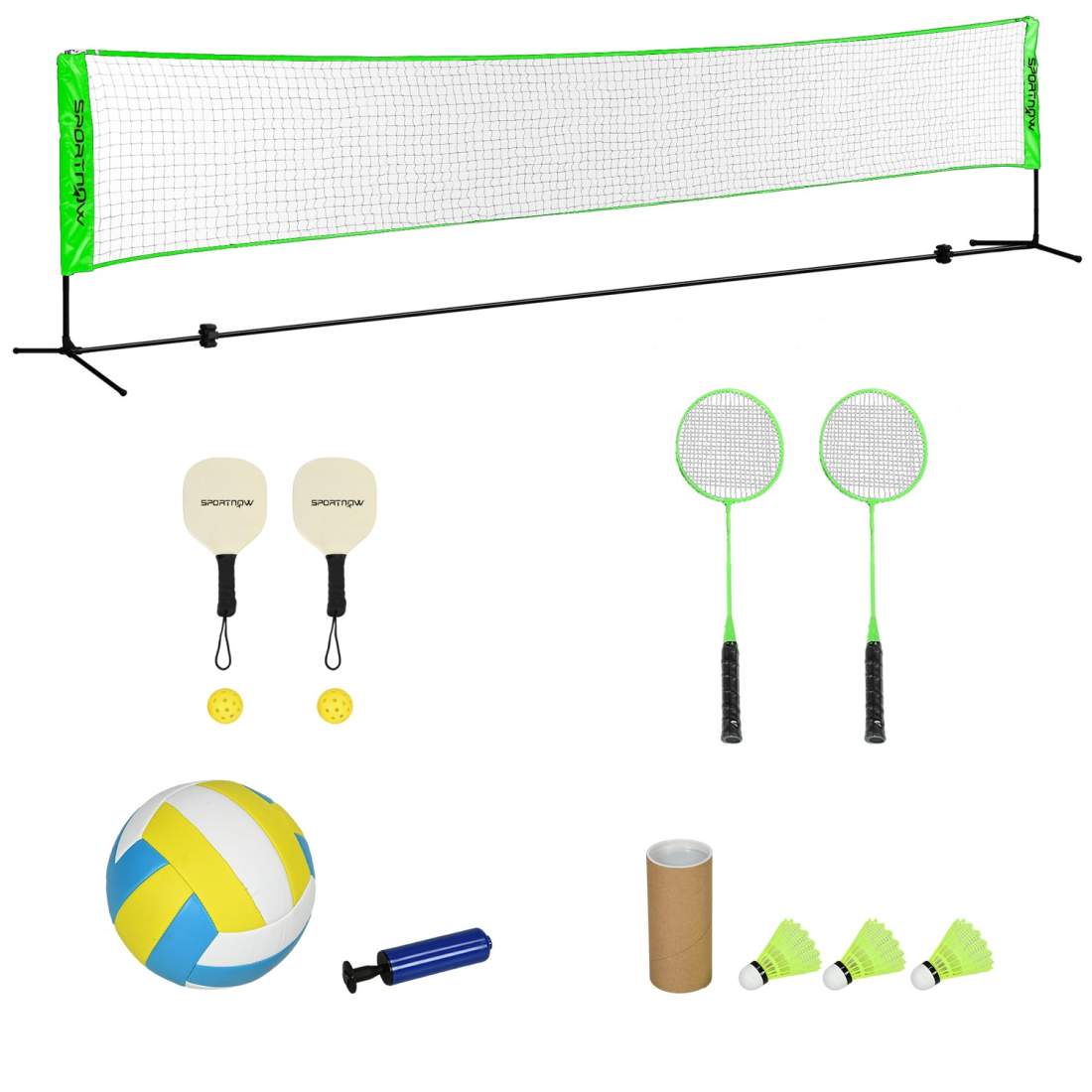 Badmintonsæt, badmintonnet med stativ, fjerbolde, 4 ketchere, justerbart volleyballnet, med bæretaske, til indendørs, udendørs
