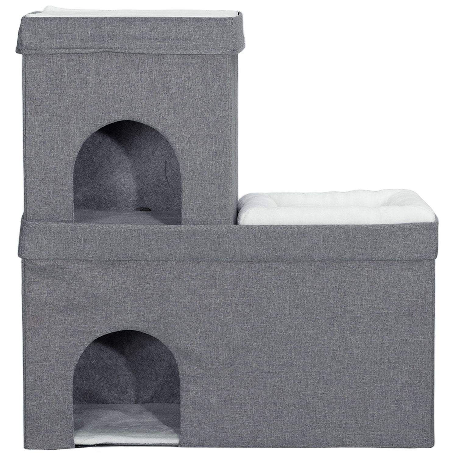 Kattehule kattehus, kattehus med 3 niveauer, katteseng med pude, hundehus til katte op til 5 kg, 74 x 37,5 x 78,5 cm, grå