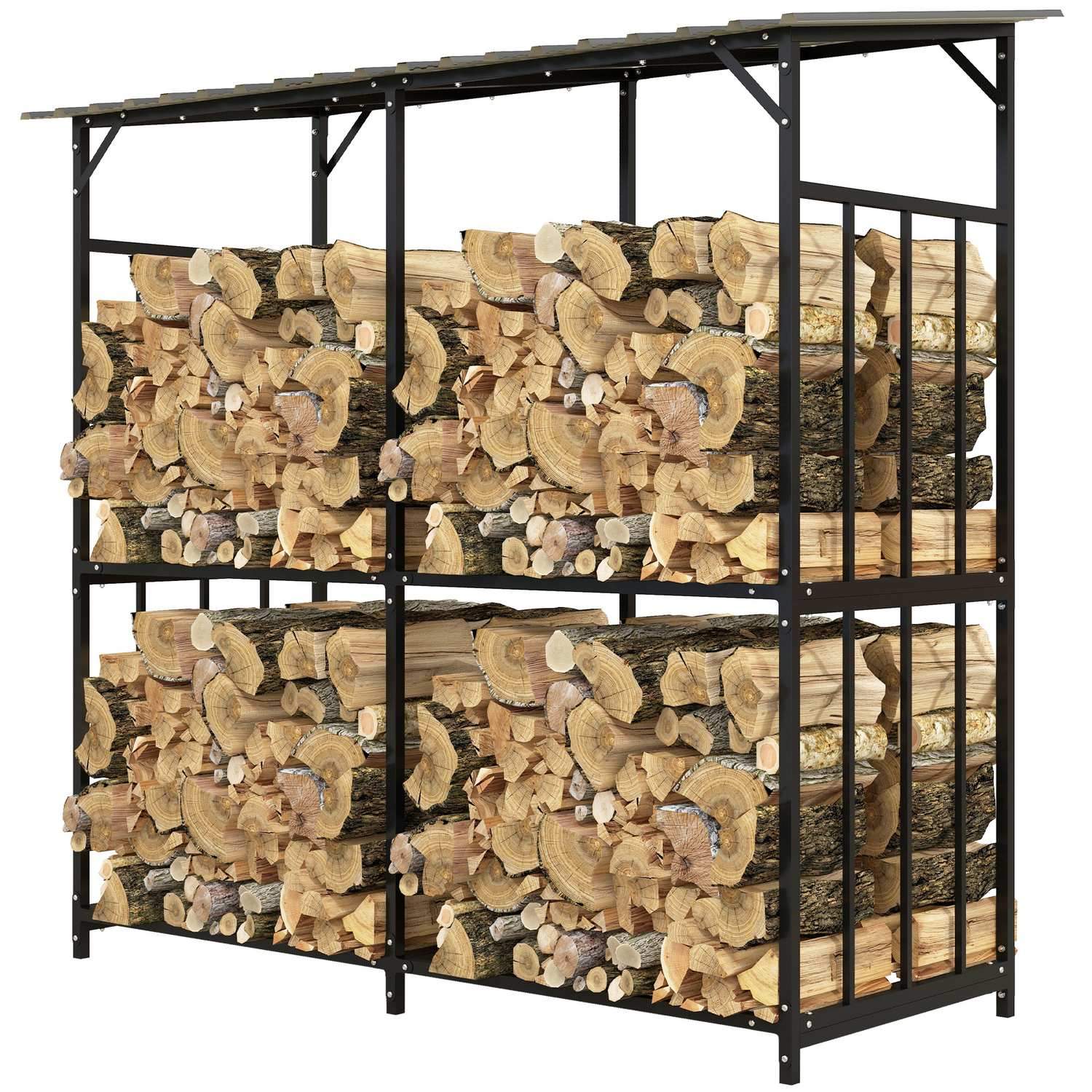 Brændestativ udenfor, træskjul 1,17 m³ brændelager med låg, bæreevne 100 kg, stål, 186 x 75 x 185 cm, sort