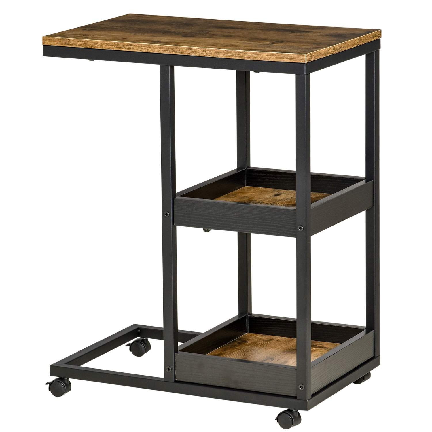 Sidebord Sofabord med Hjul Hylde Industriel stil Sofabord til Stue Soveværelse Mørkebrun 51 x 33 x 66 cm