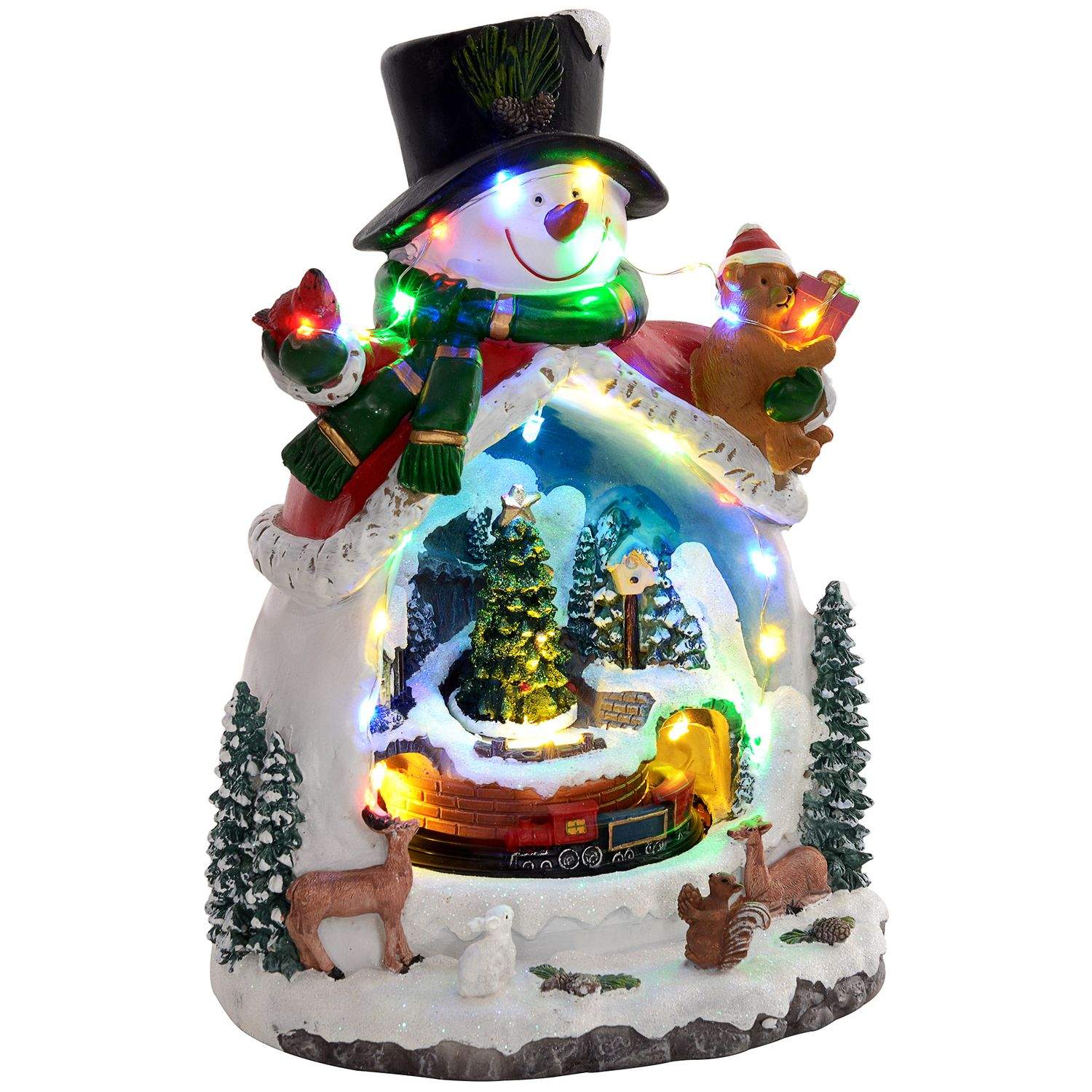 Christmas Village Juleby med LED-lys, musik, snemand, juletræ og kørende tog, vinterlandskab til jul, flerfarvet