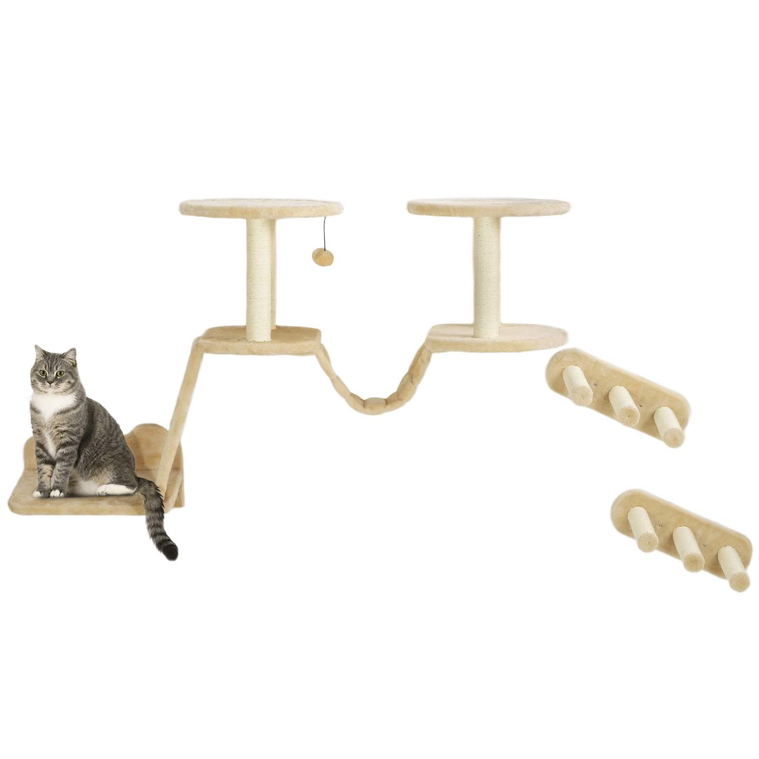 Katteklatrevægssæt, 3-delt kattemøbel med kradsestolpe, siddepinde, stige, trin, kradsebræt, til katte op til 5 kg, sisal, beige