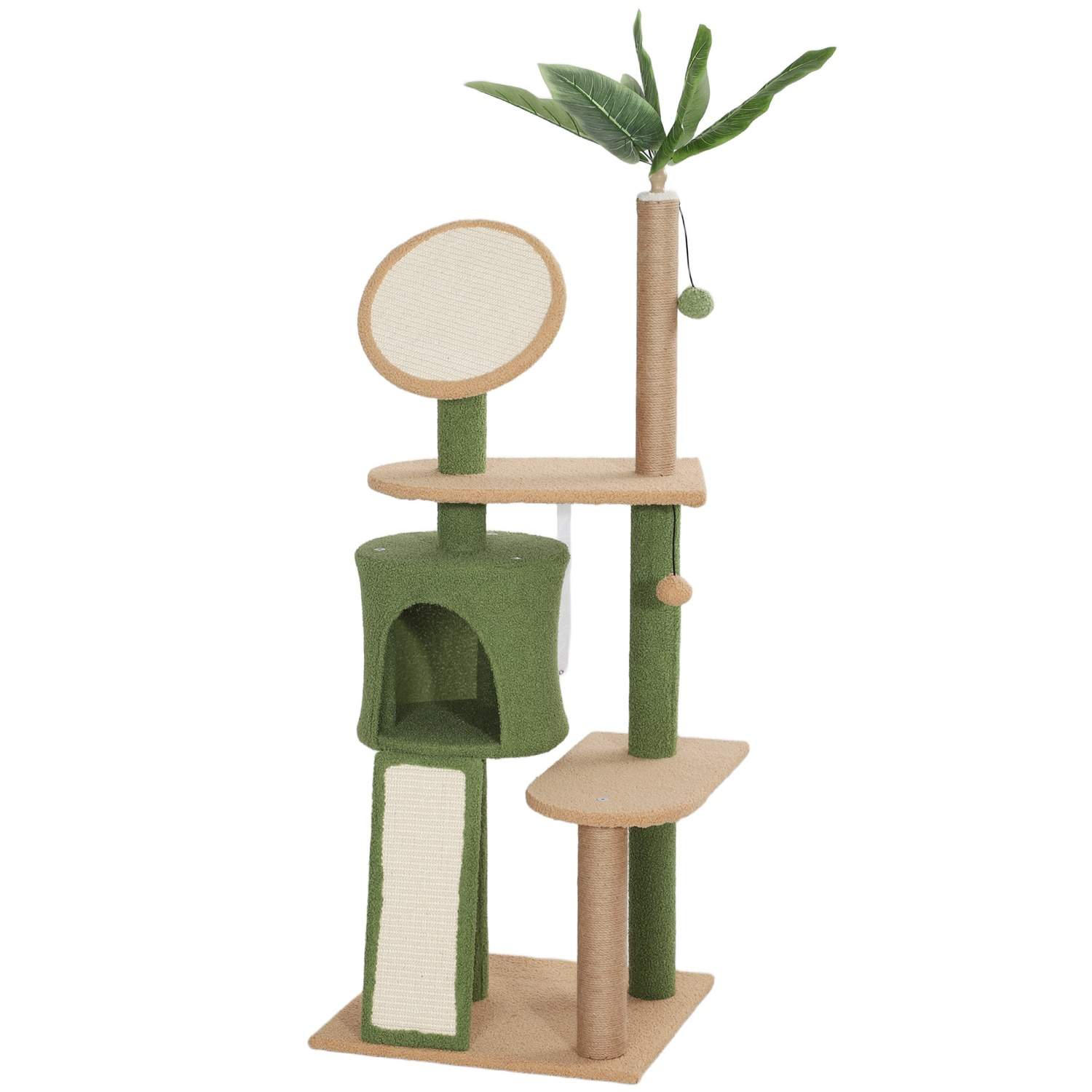 Kradsestolpe 139 cm kattetræ med kattehule, legebold, kattekradsestolpe med sisal kradsestolpe, til katte op til 5 kg, grøn