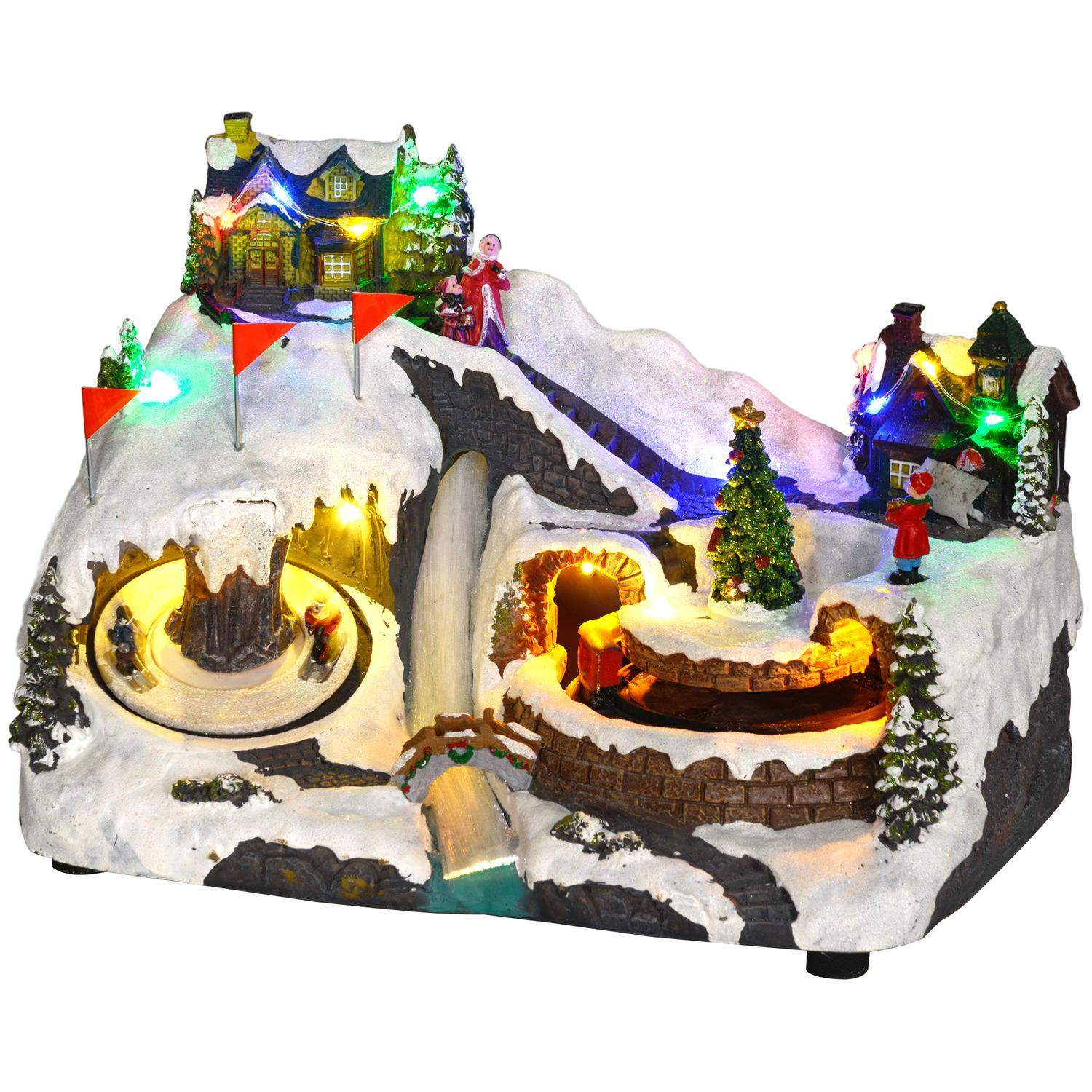 Christmas Village Juleby med LED-lys, musik, huse, skøjteløbere, roterende skøjteløbere og kørende tog, vinterlandskab til jul,