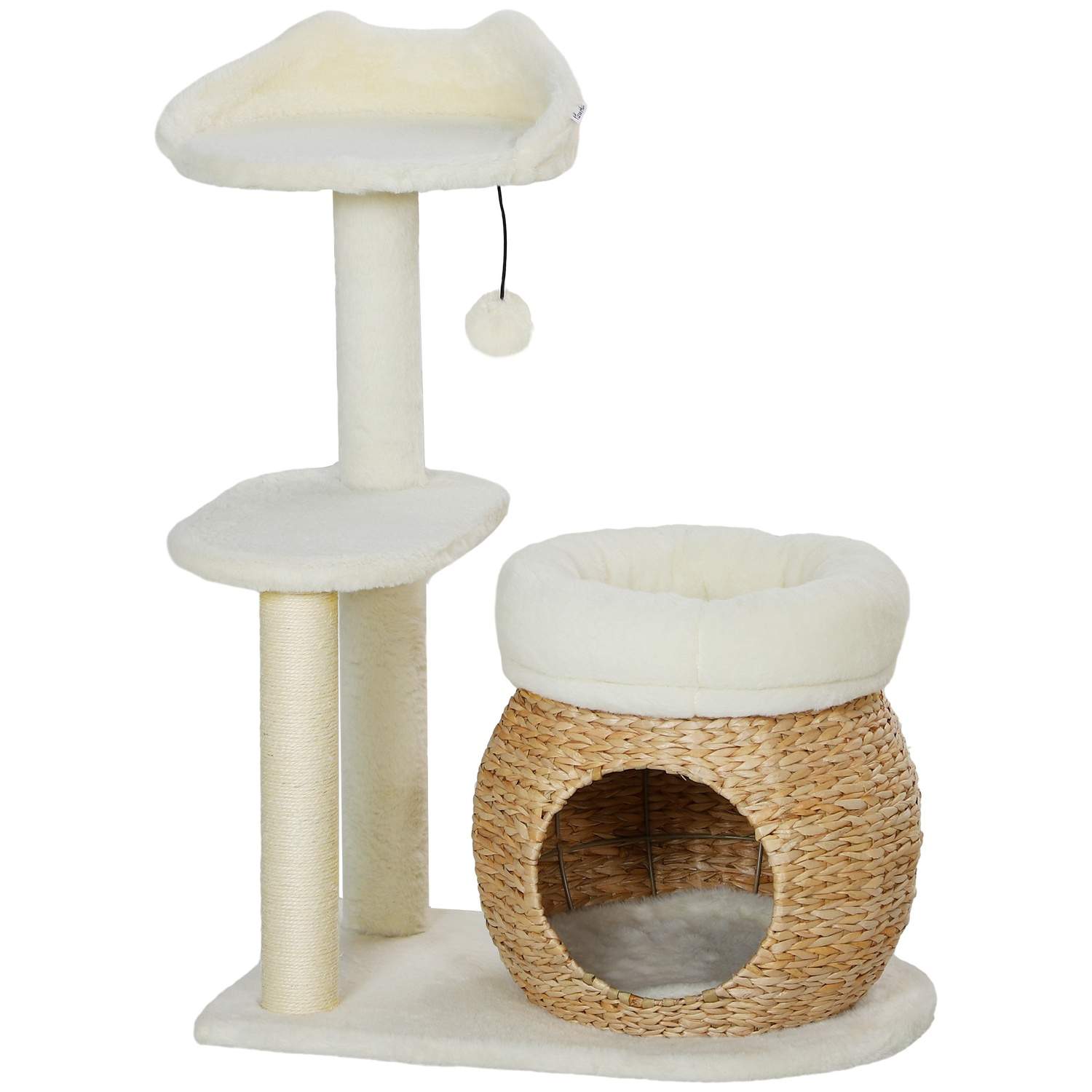 Kradbestol 79 cm kattetræ med kattehule, seng, legebolde, kattekradsestolpe med sisal kradsestolpe, til katte op til 5 kg, creme