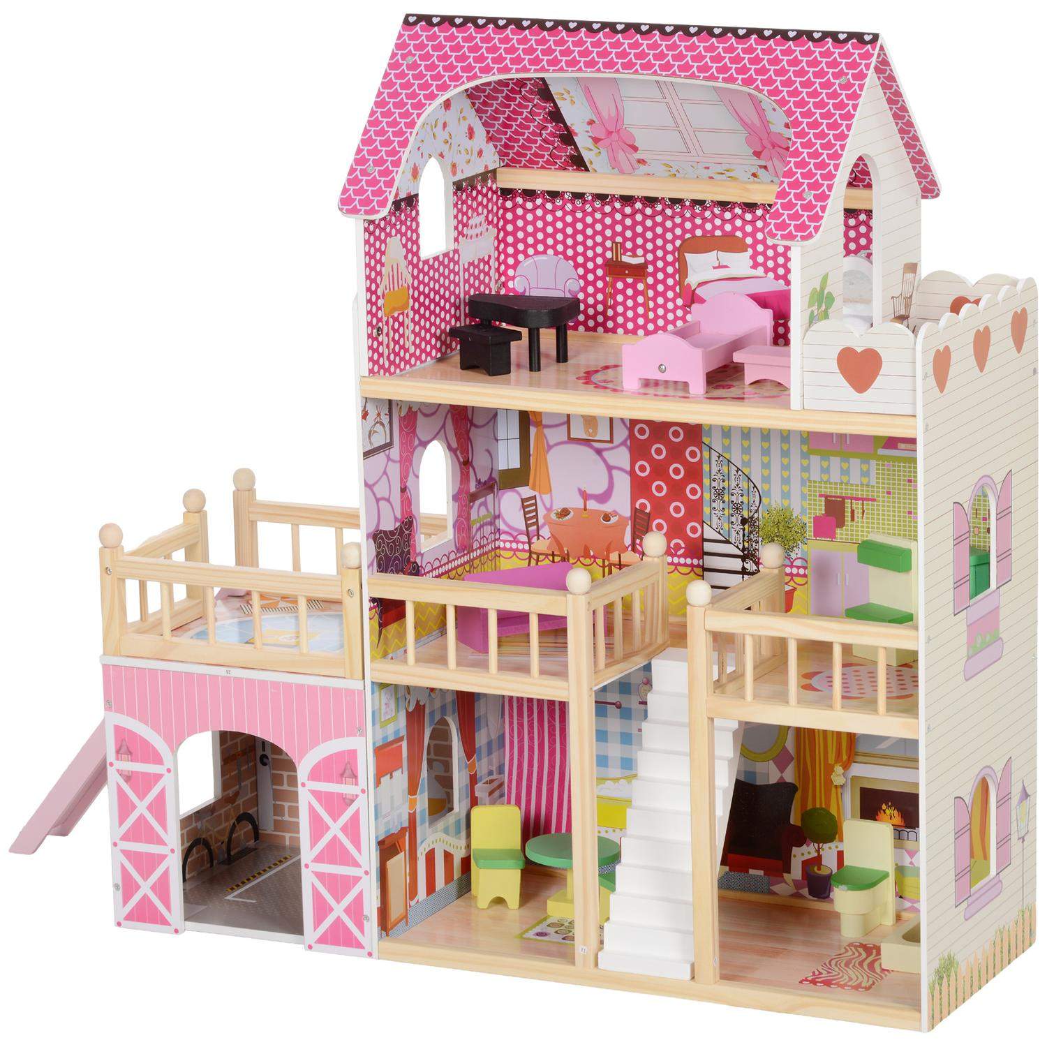 Trædukkehus, 3 etagers legehus, 13 møbler, aftagelig garage, rutsjebaner og balkon, 36" højt dukkehus til 3-6 år børn, Pink