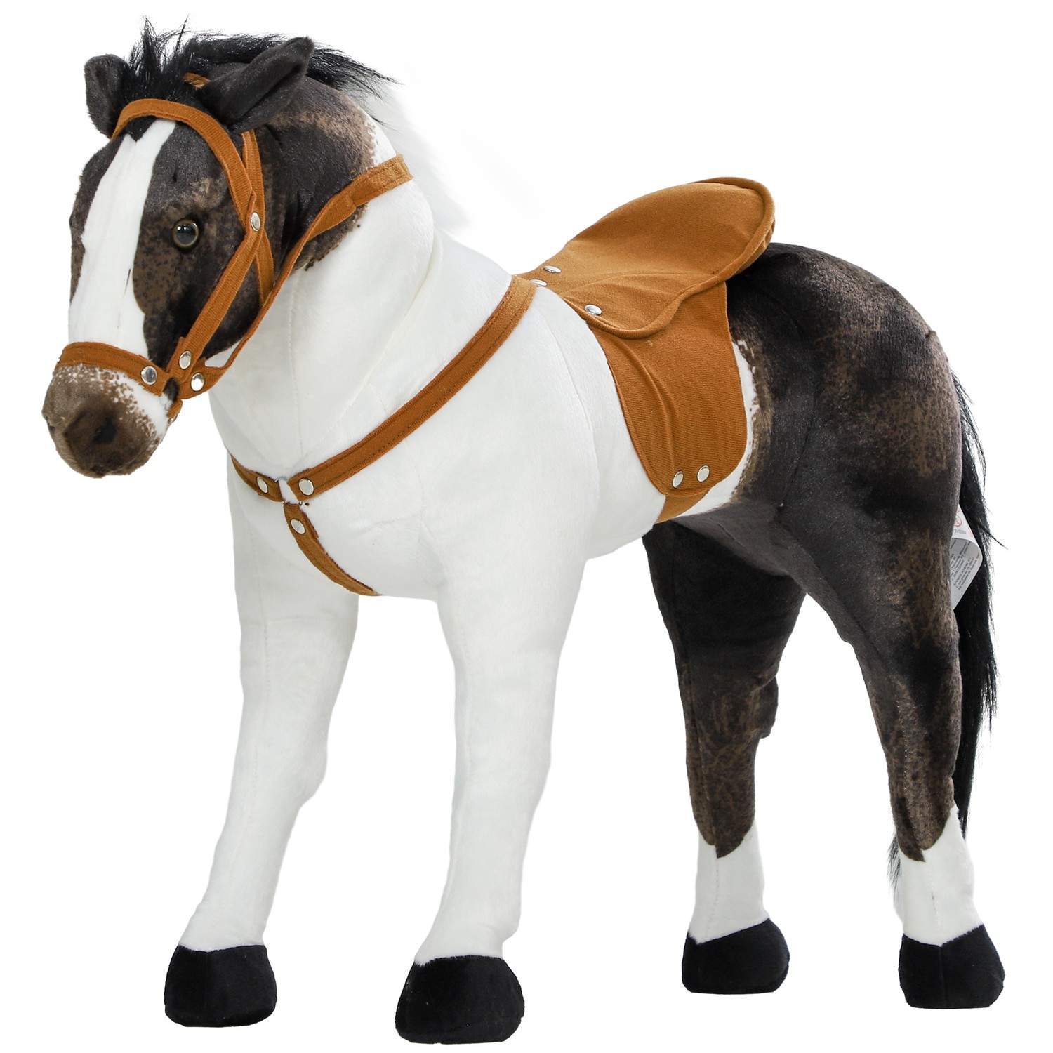 Ridehest med lydfunktion, 48 cm højde legehest til ridning med sadel og trense, stående hest til børn 3-8 år, metal, brun + crem