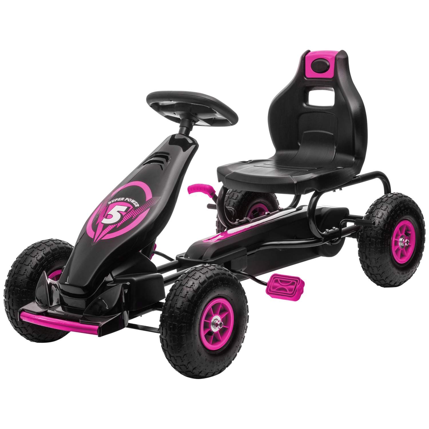Gokart, børnekøretøj med justerbart sæde, pedalkøretøj med gummidæk, pedal og håndbremse, Kettcar til 5-12 år børn, udendørs, pi