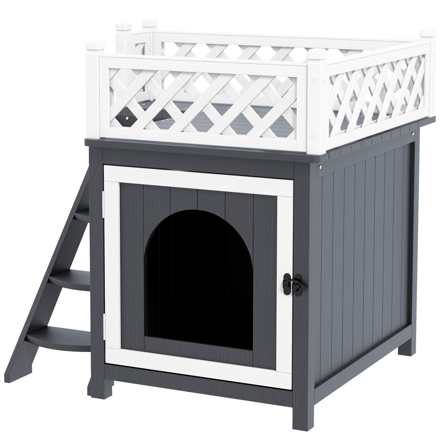 Kattehule, kattehus lavet af grantræ, kattehus med balkon, trapper, til katte, kaniner op til 6 kg, indendørs, udendørs 67,5 x 6