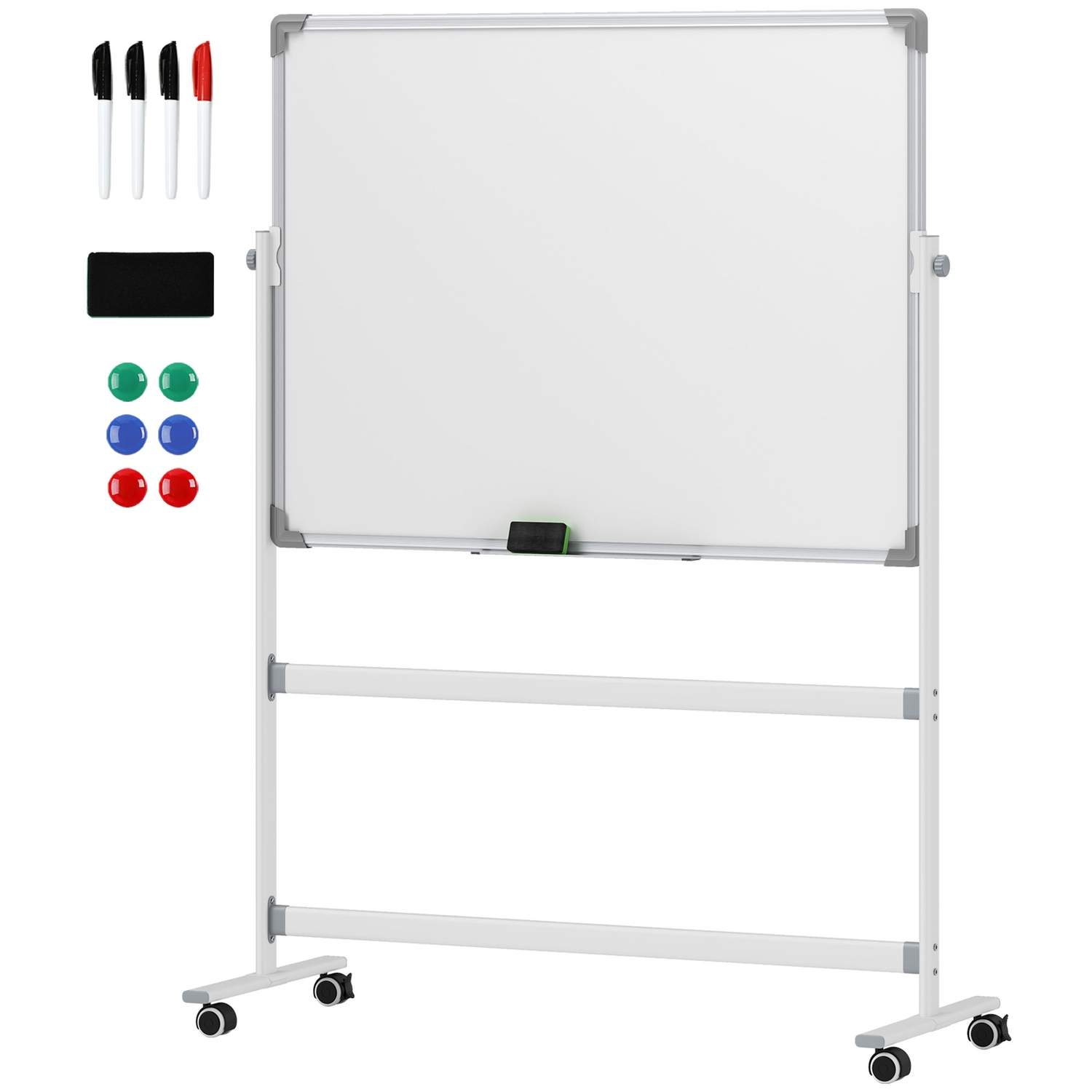 Magnetisk whiteboard 120 x 90 cm Dobbeltsidet magnettavle med stativ, hjul, 6 markører og 1 viskelædersvamp, 360° drejelig, 3-ni