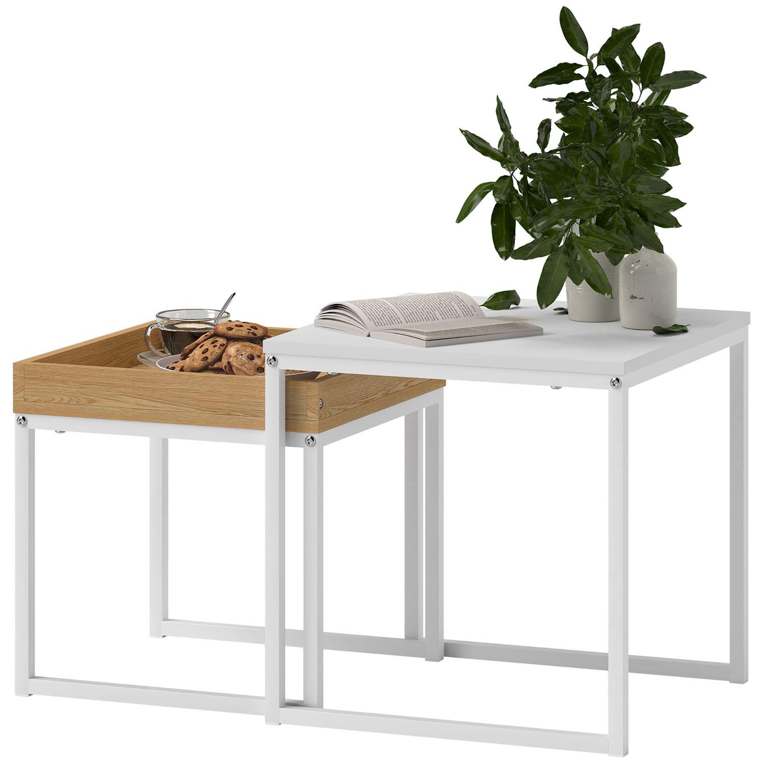 Sæt med 2 sofaborde, firkantede sideborde, sofabord med stålstel, sofabord i moderne design, til stue, bæreevne op til 30 kg, hv