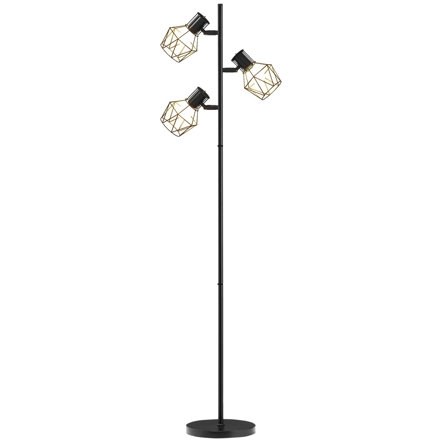 Gulvlampe, gulvlampe med 3 E27 fatninger, 40 W gulvlampe med 3 justerbare flammer, til stue, højde 169 cm, metal, ekskl. pære, s