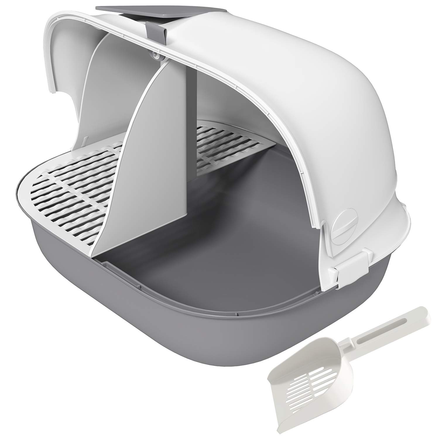 Kattetoilet med låg, kattebakke med si, dør, øse, lukket kattetoilethus til små katte under 3,5 kg, indendørs, plastik, lysegrå