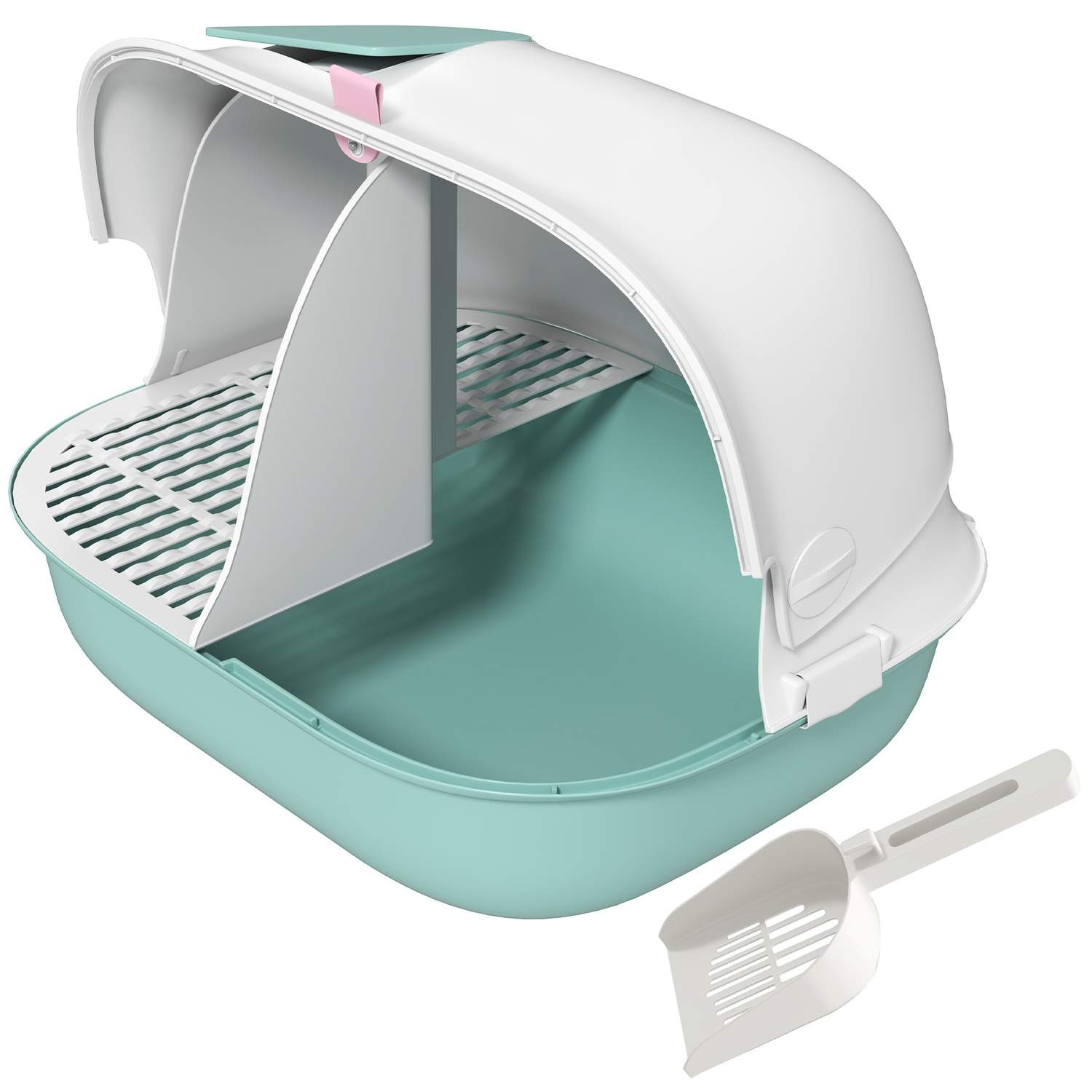 Kattetoilet med låg, kattebakke med si, dør, skovl, lukket kattetoilethus til små katte under 3,5 kg, indendørs, plastik, grønt