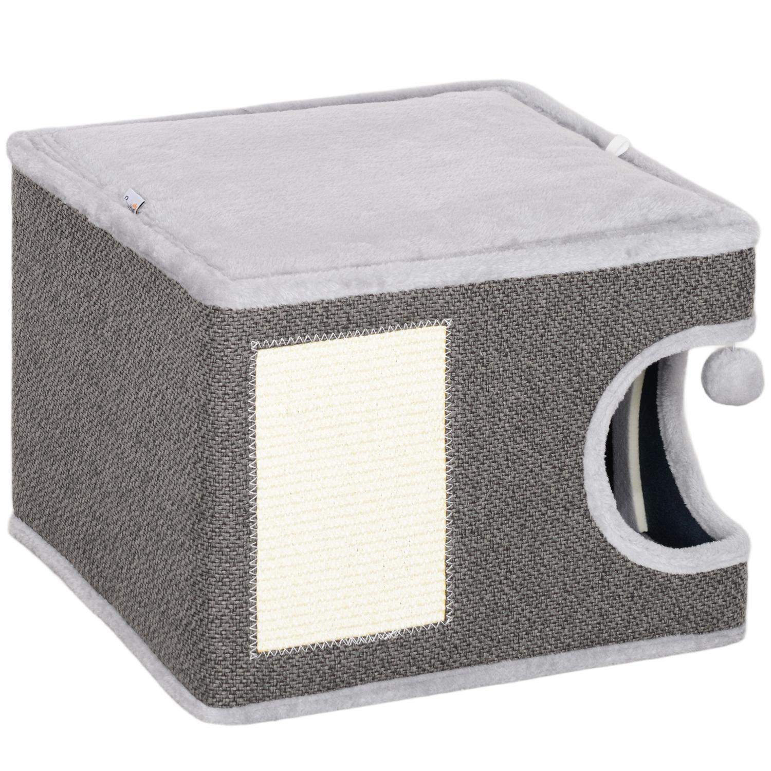 Kradsetønde, 35 cm høj, kattetønde med hule, kradsestolpe med legebold, kattetårn af sisal, til katte op til 6 kg, mørkegrå + cr