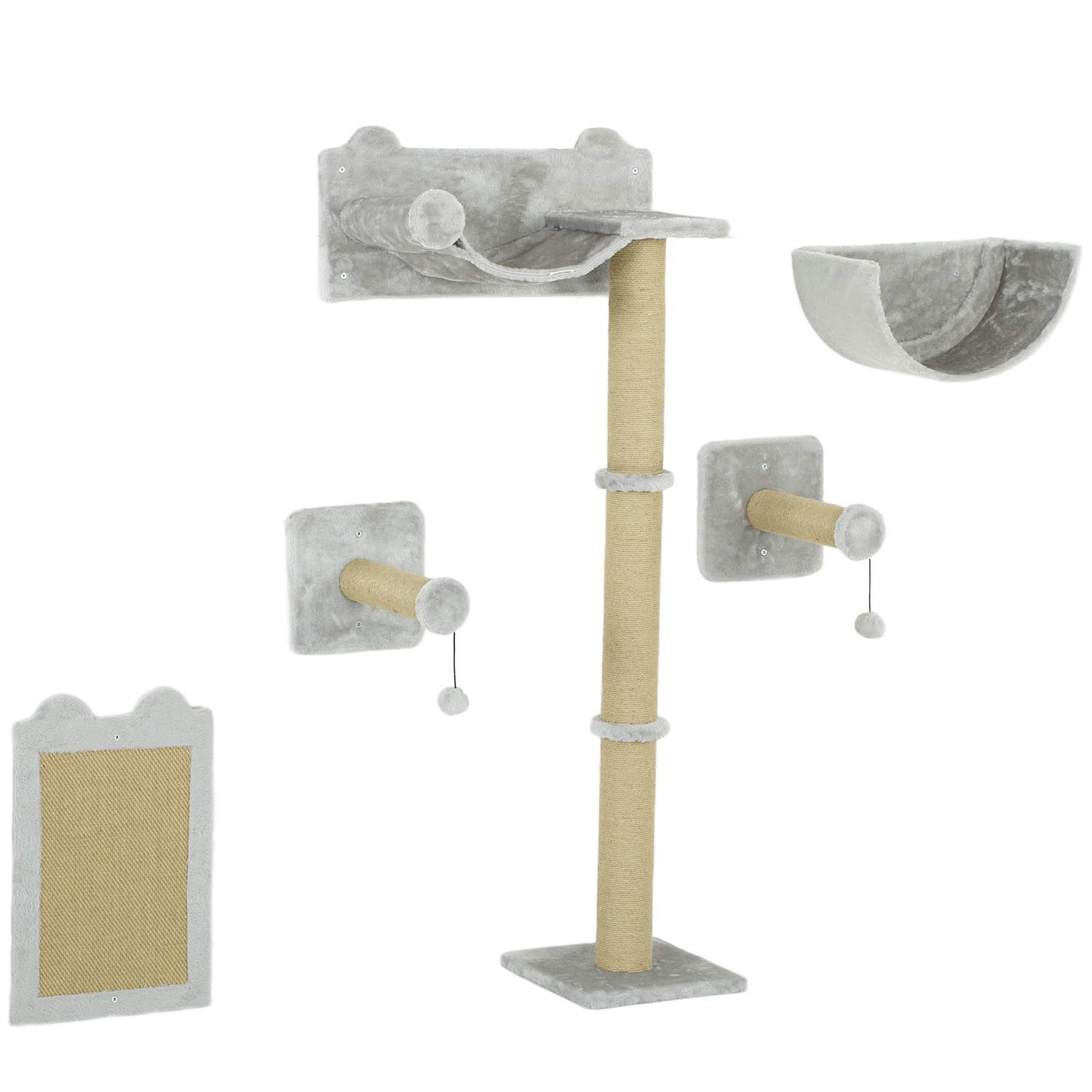 Katteklatrevæg 5 stk. Klatrekattekradsestolpe med kradsestolpe, hængekøje, hoppeplatform, vægkradsestolpe, vægkattemøbel til kat
