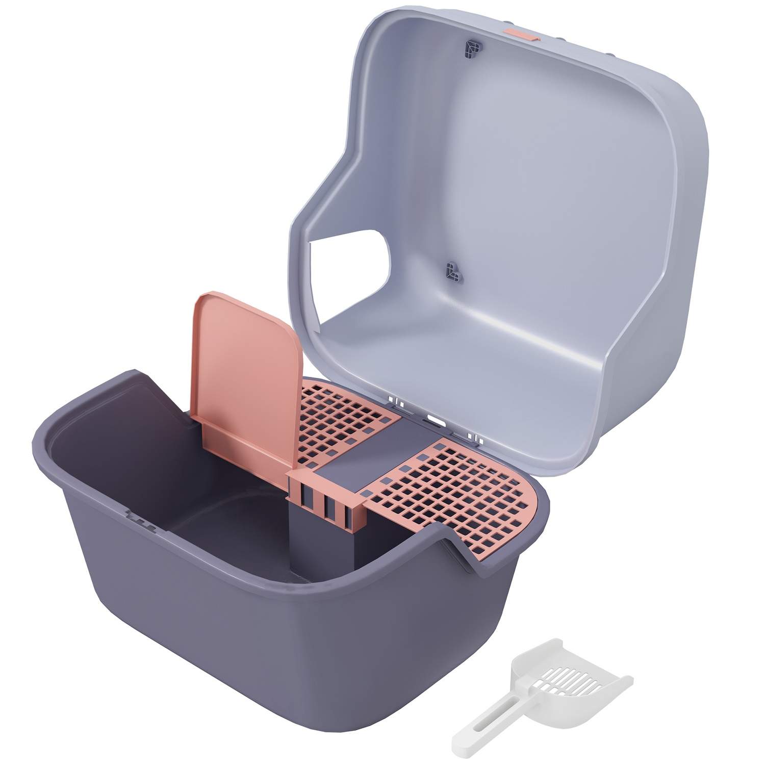 Kattetoilet med låg, kattebakke med sigte, kugle, lukket kattetoilethus til små katte under 3,5 kg, indendørs, plastik, lilla