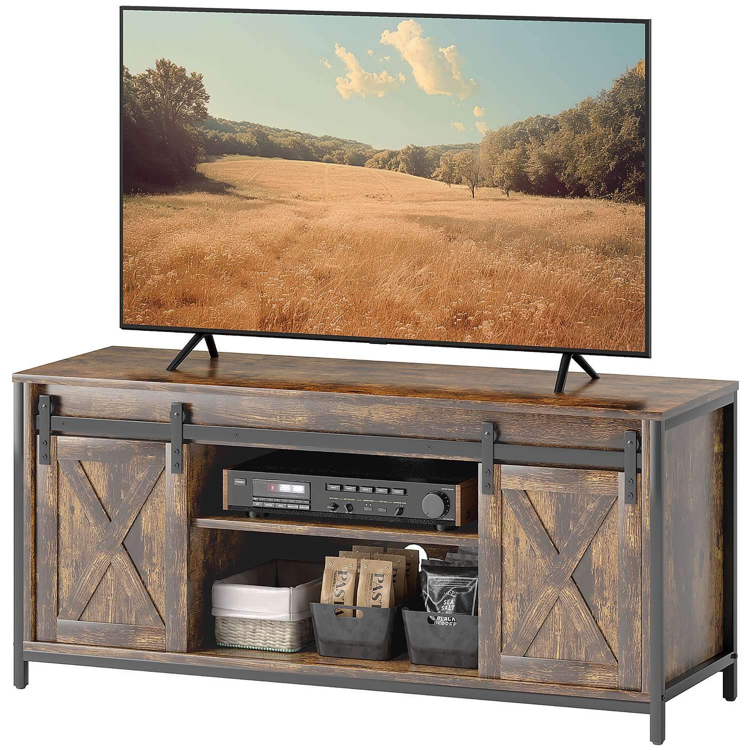 Tv-skab, tv-stander til fjernsyn op til 60 tommer, lowboard med 2 skabe og 2 hylder, tv-møbel til stue, 120 x 40 x 54 cm brun