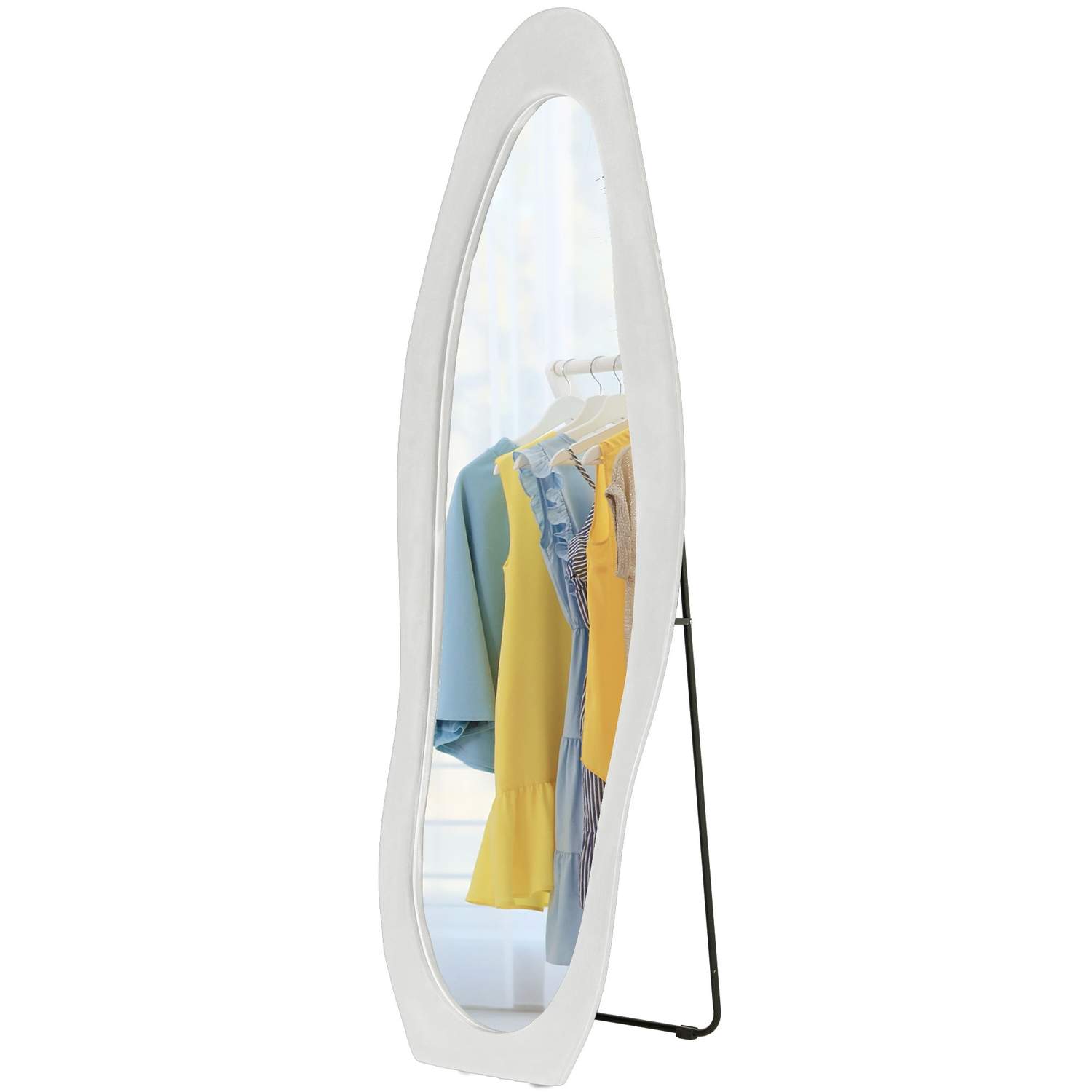 Fuld længde spejl 50 x 160 cm stående spejl med fløjl rammebetræk, uregelmæssig bølget vægspejl til soveværelse, stue, hvid