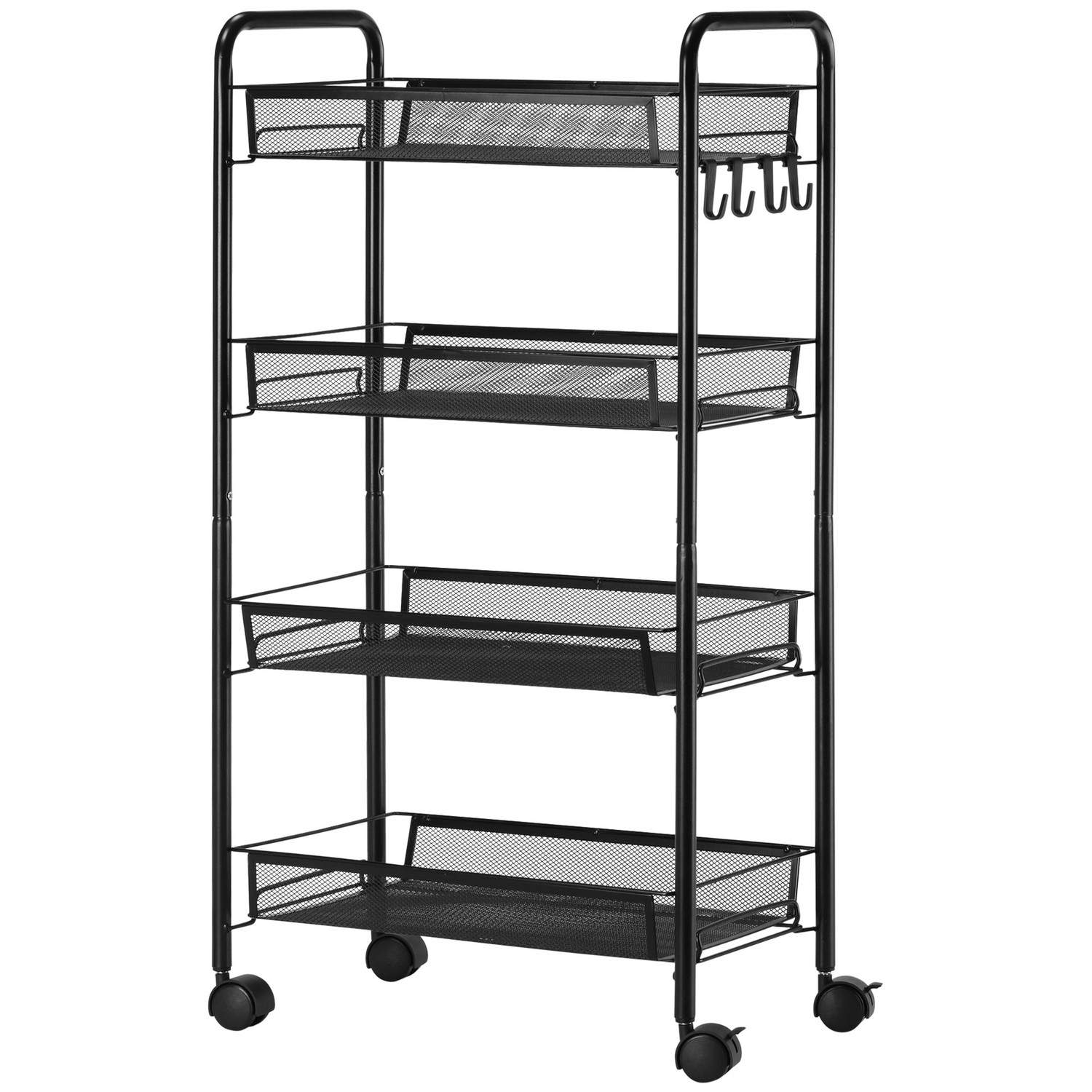 Avtagbar serveringsvagn 4-vånings köksvagn med krokar Förvaringsvagn med handtag Bromsar för kök Vardagsrum Stål Svart | Hem & Hobby - Hem & Hushåll - Kök - Servering | Pryloteket