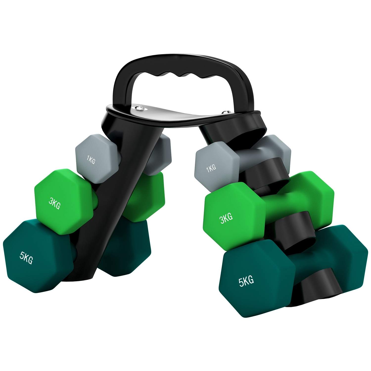 Håndvægtesæt 6 håndvægte med sammenfoldelig håndvægtstativ, 2 x 1 kg, 2 x 3 kg, 2 x 5 kg håndvægte, kettlebell til fitness, gymn
