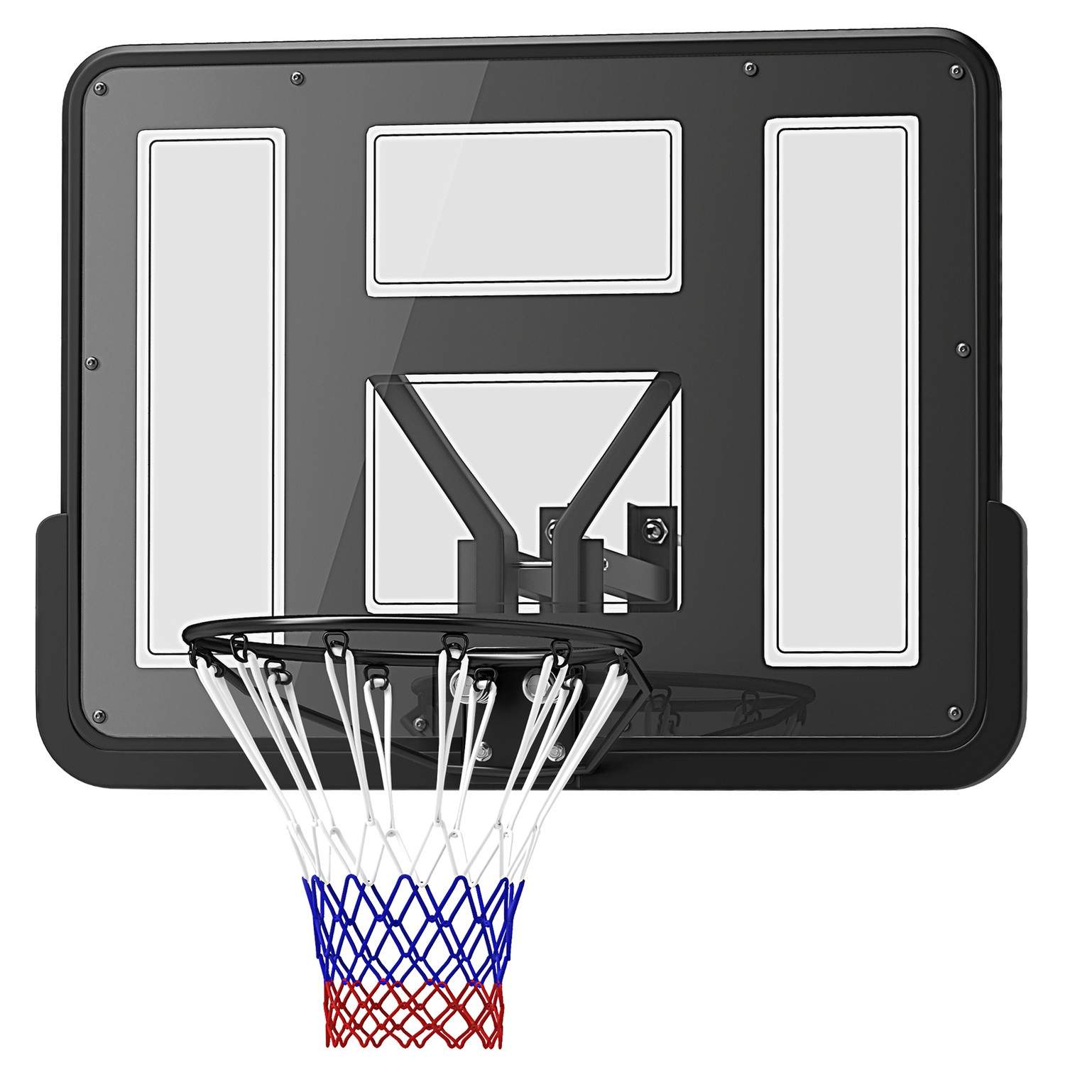 Basketballring med bagvæg til udendørs & indendørs, basketballbræt med Ø45 cm stålring og net, vægmontering, basketballbræt til
