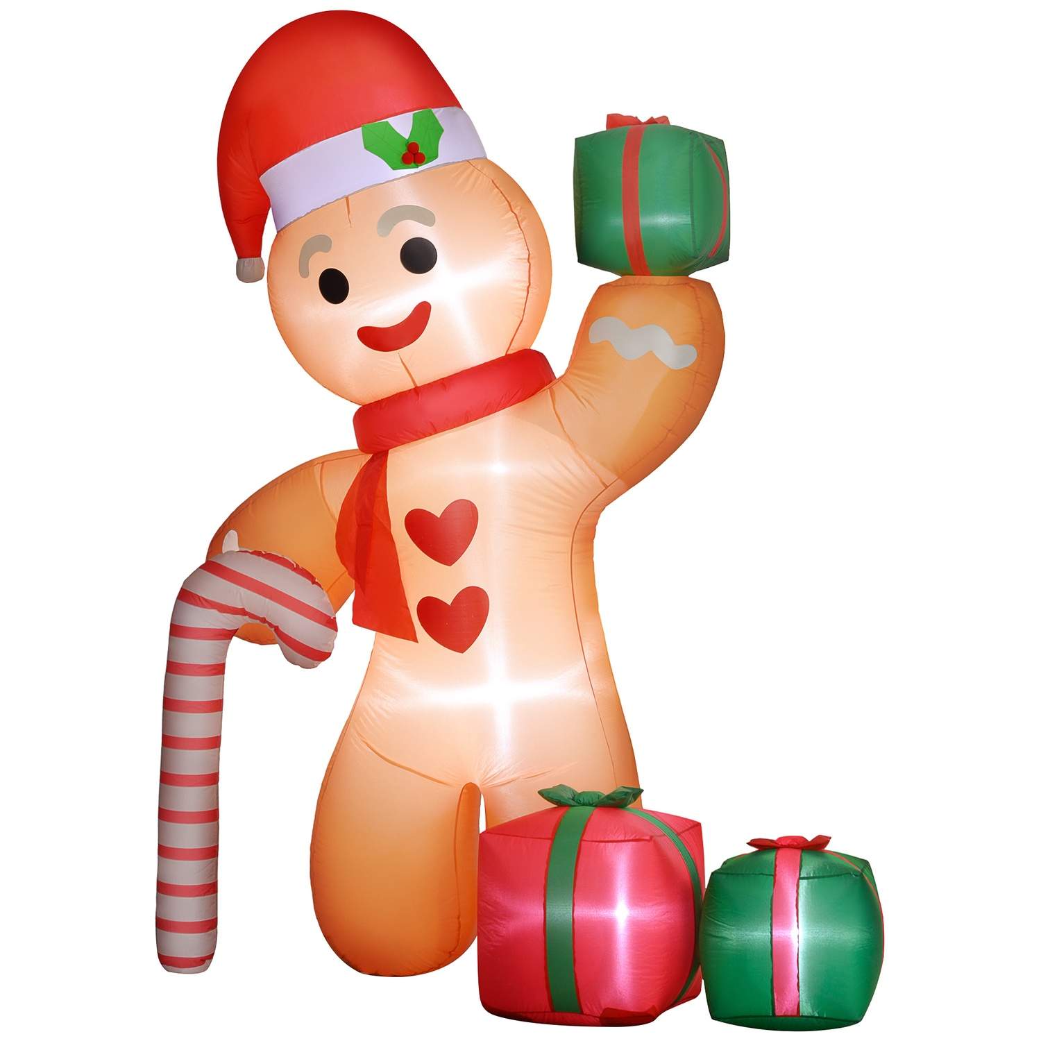 Oppustelig julepynt 2,45 m honningkagemand med slikrør, 6 lysdioder, indvendig blæser, vejrbestandig havedekoration til indendør