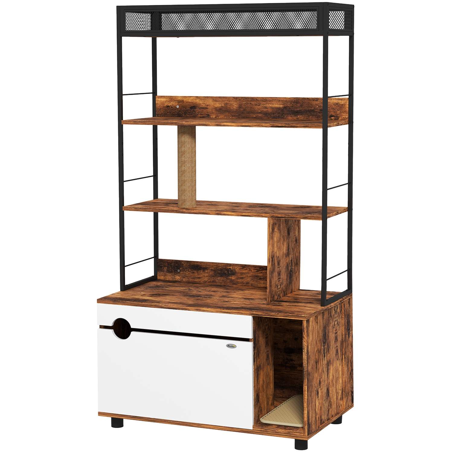 2-in-1 kissanhiekkalaatikkokaappi, kissanhiekkalaatikko 3-kerroksisella hyllyllä, raaputustolppa, taittoovi, kissantalo alle 6 k