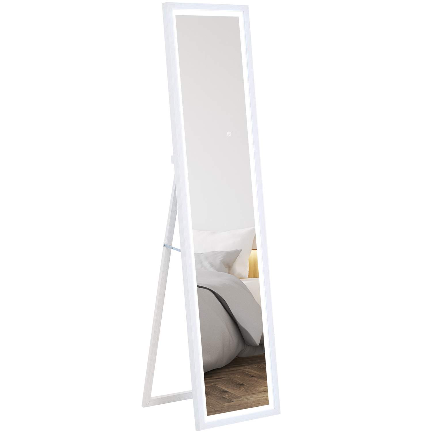 Fuld længde spejl 40 x 160 cm stående spejl med LED lys, vægspejl med touch kontrol, gulvspejl til soveværelse, stue, hvid
