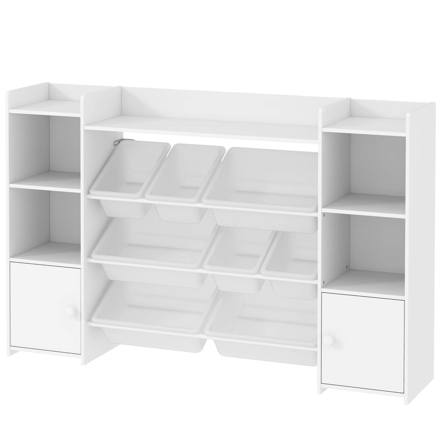 Legetøjshylde til børn med 8 aftagelige æsker, 4 åbne rum, 2 skabsrum, børnebogreol til børneværelser, børnehave, 140 x 30 x 90