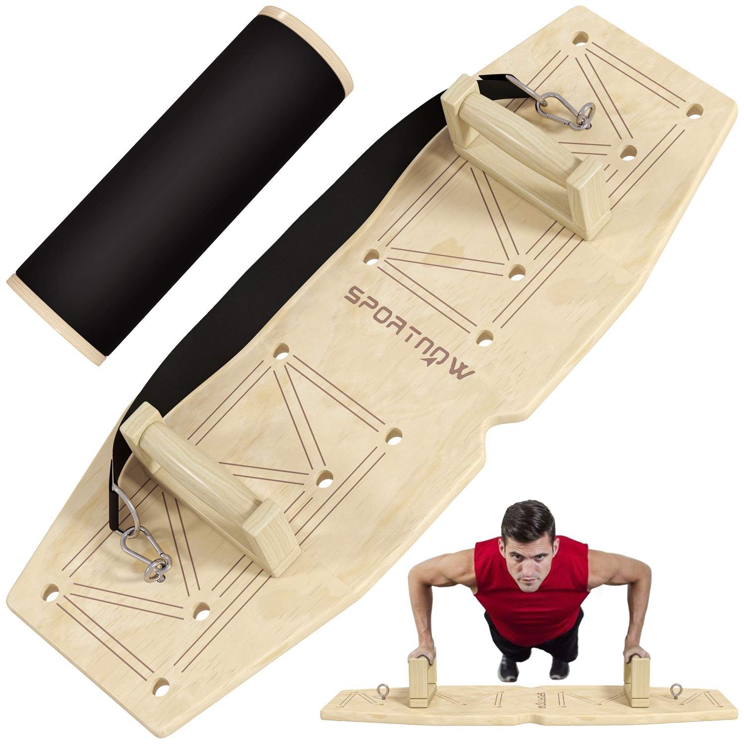 Push-up-håndtag lavet af træ push-up-stænger med 8 par huller, inklusive modstandsbånd, 11 øvelser, fitness-paralletter til musk