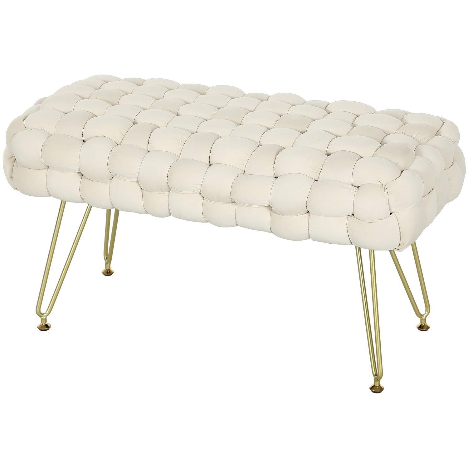 Taburet, polstret bænk med fløjlslook, fodskammel med polstret sæde, metalben, fodstøtte, til stue, soveværelse, 76 x 38 x 41,5