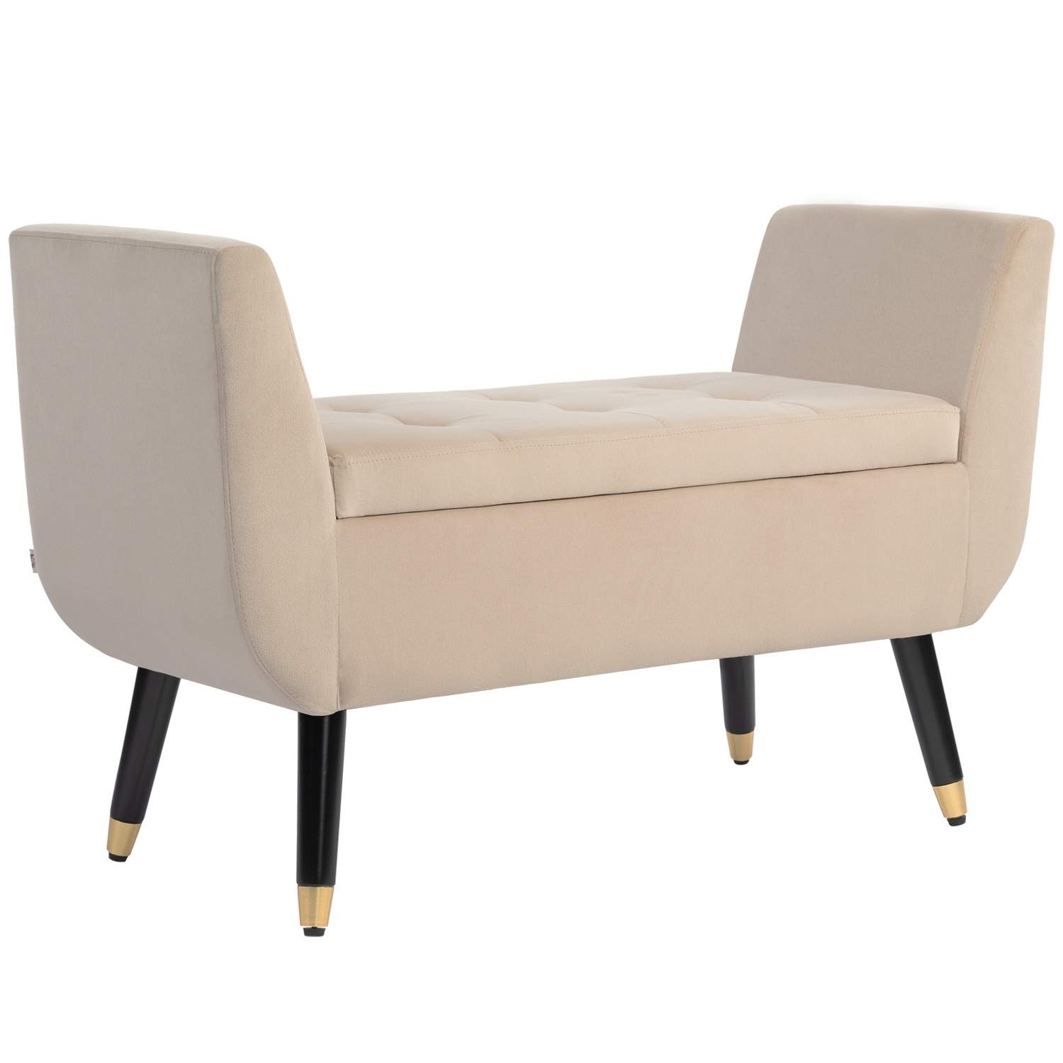 Luksus bænk polstret bænk med opbevaringsplads armlæn brystbænk fløjlsagtig polyester gummi træ beige 107 x 42 x 65 cm