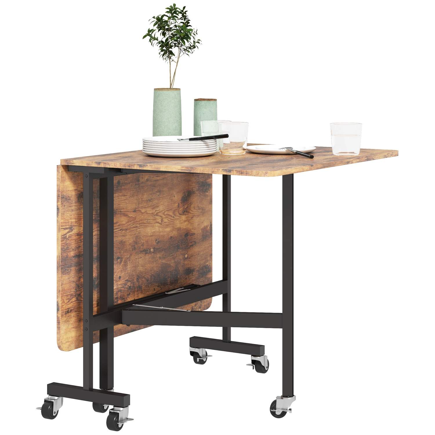 Sammenklappeligt spisebord, køkkenbord med hjul, bremser til 4-6 personer, foldebord til små rum, køkken, bæreevne op til 100 kg