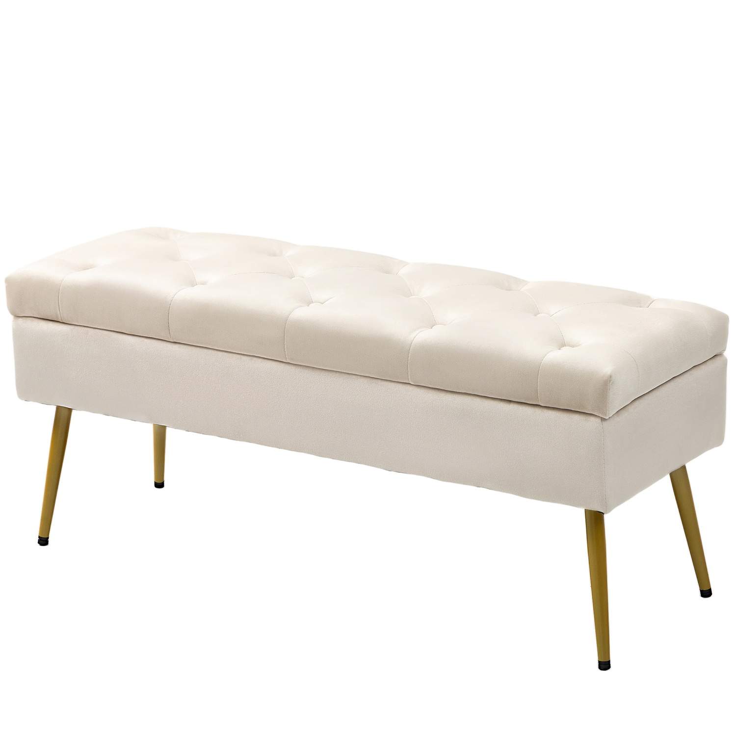 Bænk med opbevaringsplads, polstret bænk med låg, sengebænk med fløjlslook, til entre, soveværelse, stue, metalstel 102 x 35 x 4