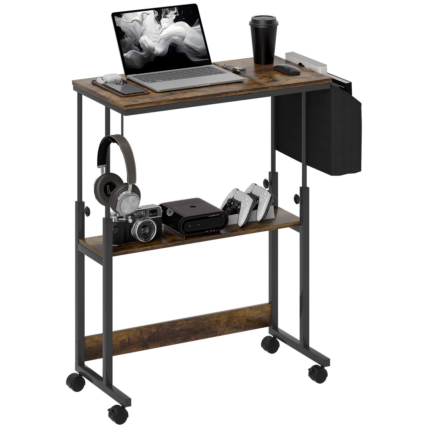 Højdejusterbart skrivebord 92 x 40 cm Computerskrivebord med hjul Vippeplatform Opbevaringspose til studiekontor Stål Rustik Bru