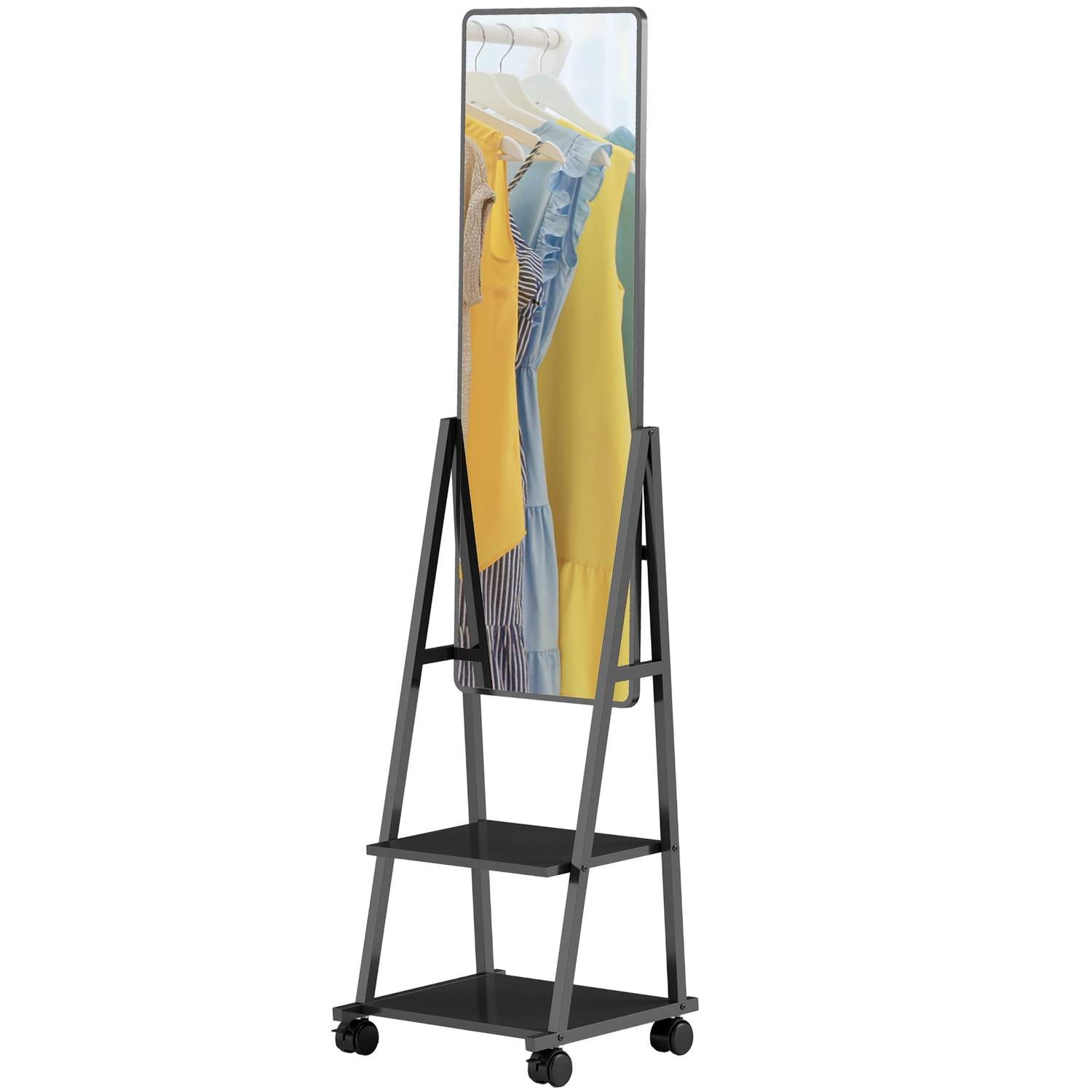Fuld længde spejl, 42 x 155 cm stående spejl med hylde, stående spejl med hjul, gulvspejl til soveværelse, stue, sort