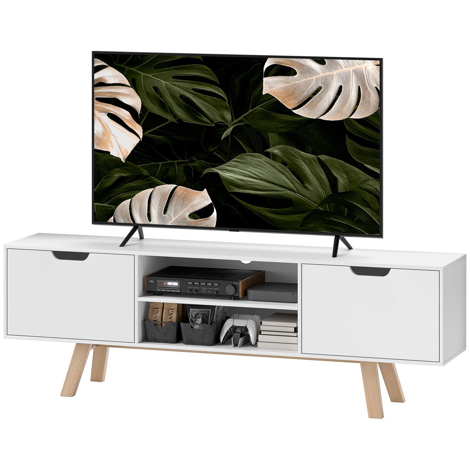 TV-skab, TV-stander til fjernsyn op til 65 tommer, lowboard med 2 skabe og 2 hylder, TV-skab til stue, 150 x 39 x 50 cm hvid