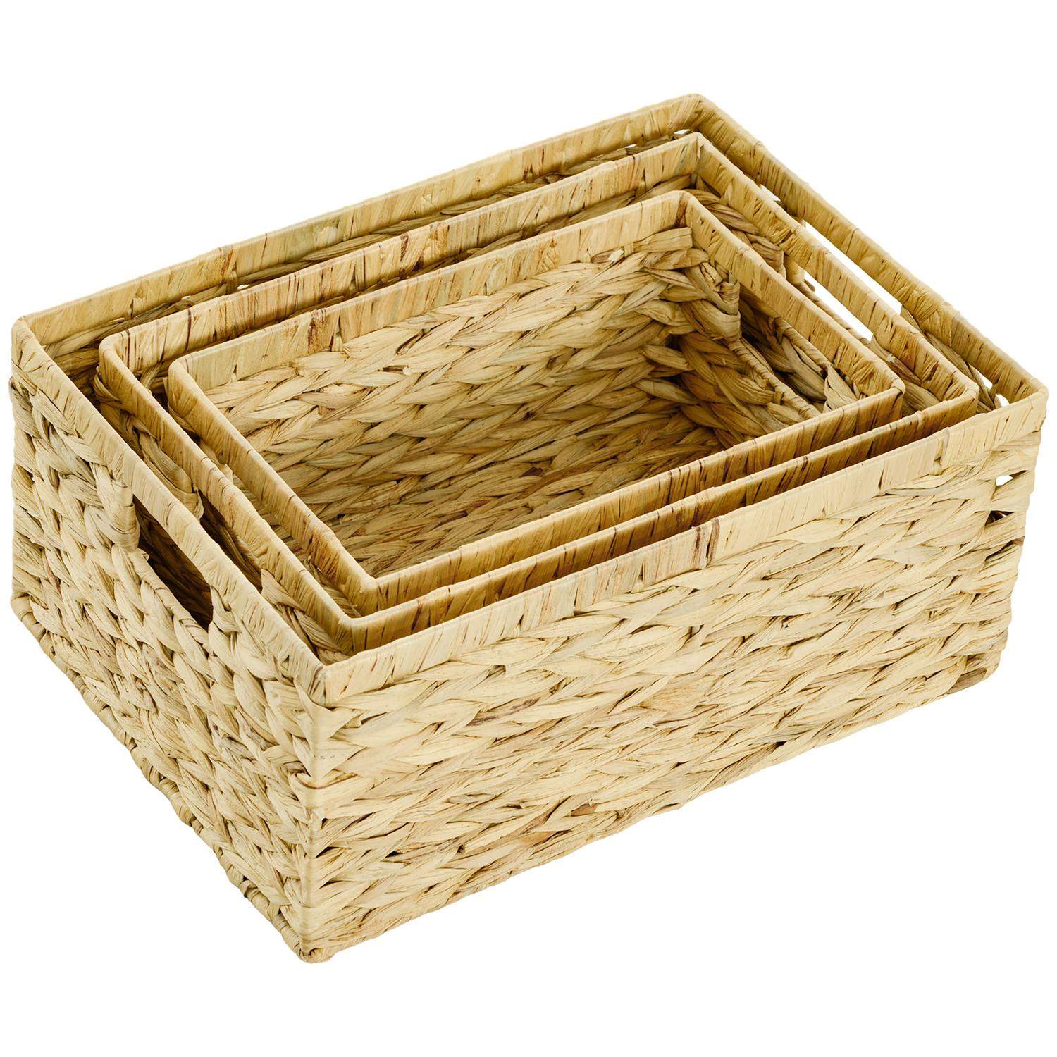 Sæt med 3 opbevaringskurve, vævede vandhyacintkurve til opbevaring og organisering, stue, køkken, soveværelse, 40x30x18 cm, natu