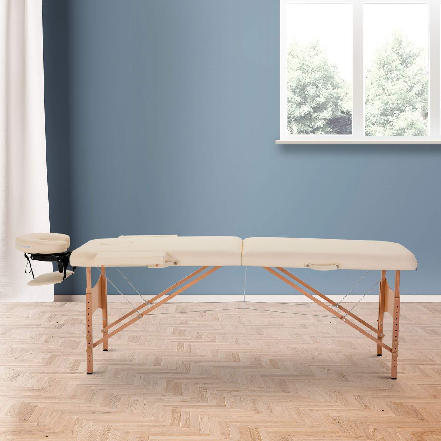 Massagebord, Foldemassagebord, Højdejusterbar Massagebænk, Massageseng med nakkestøtte, til Spa, Salon, Kunstlæder, Træ, Creme