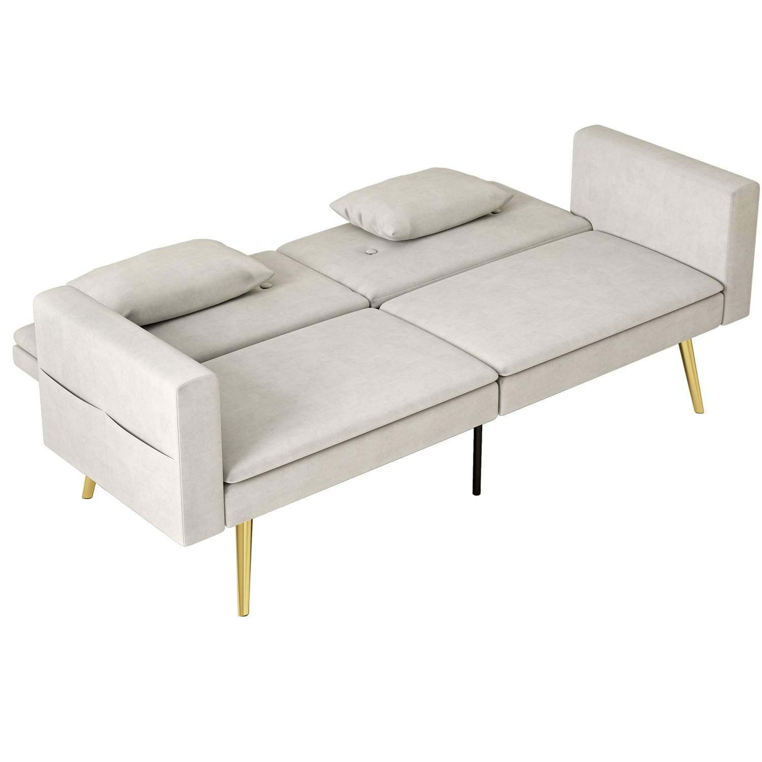 Sovesofa, sovesofa med justerbart ryglæn, sidelomme, polstret 2-personers sofa med sovefunktion, hynder, til stue, soveværelse,