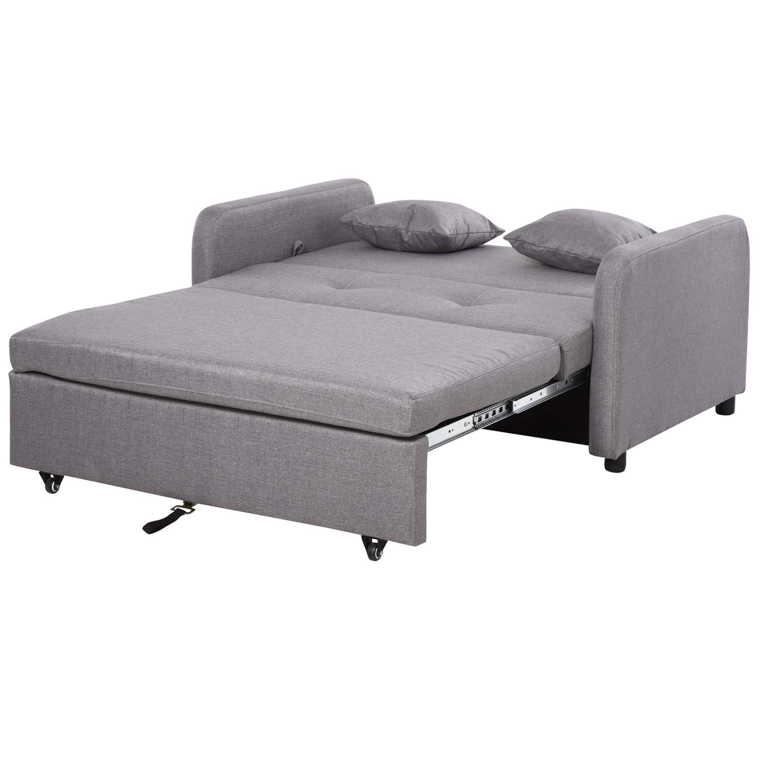 Sovesofa, sovesofa med opbevaringsplads, pudepuder, armlæn, 2-personers sofa med sovefunktion, linnedlook, polstret sofa med hju