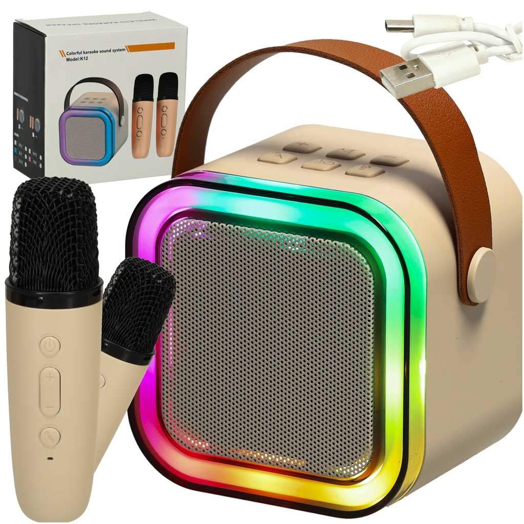 Karaoke set 2 mikrofoner + bärbar högtalare BLUETOOTH USB LED beige | Elektronik - Ljud & Bild - Högtalare | Pryloteket