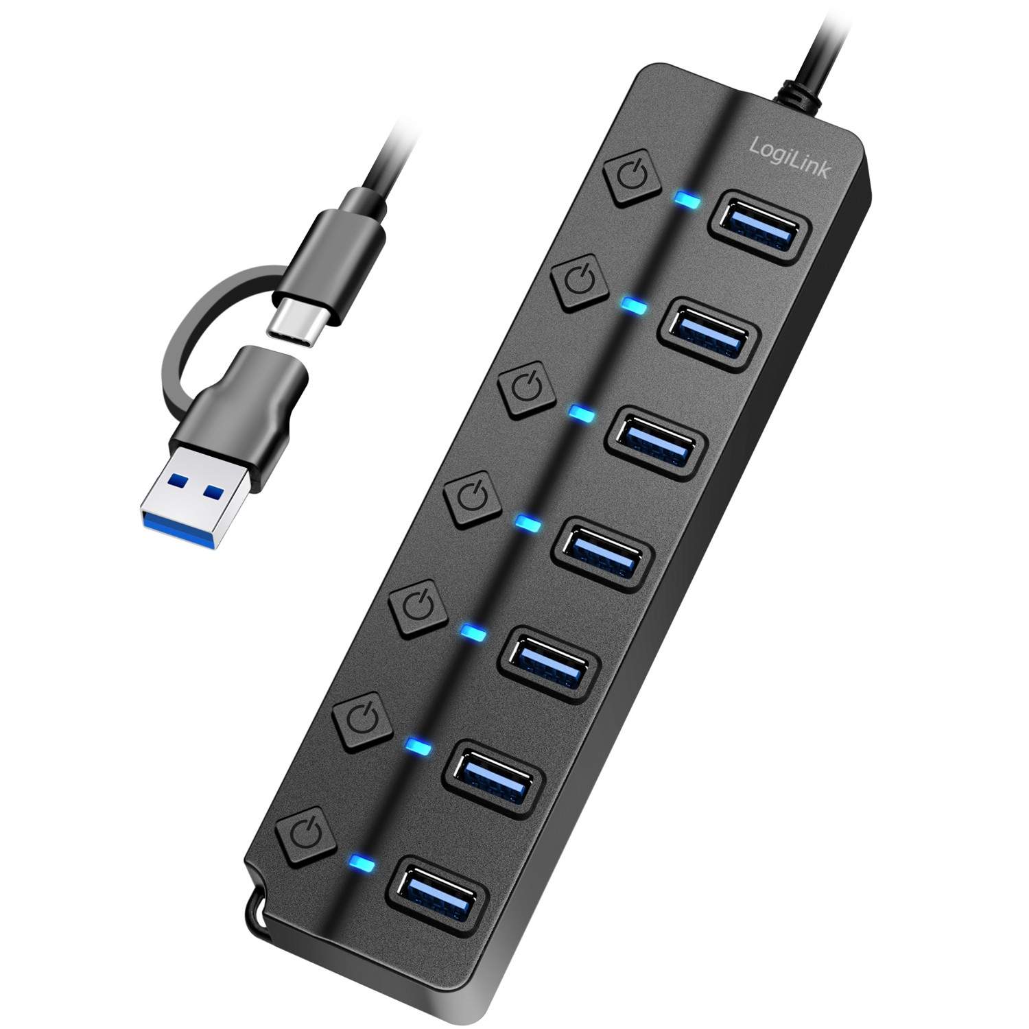 USB-hub 7-port med separate tænd/sluk-knapper USB-C/USB-A i USB 3.2 Gen1