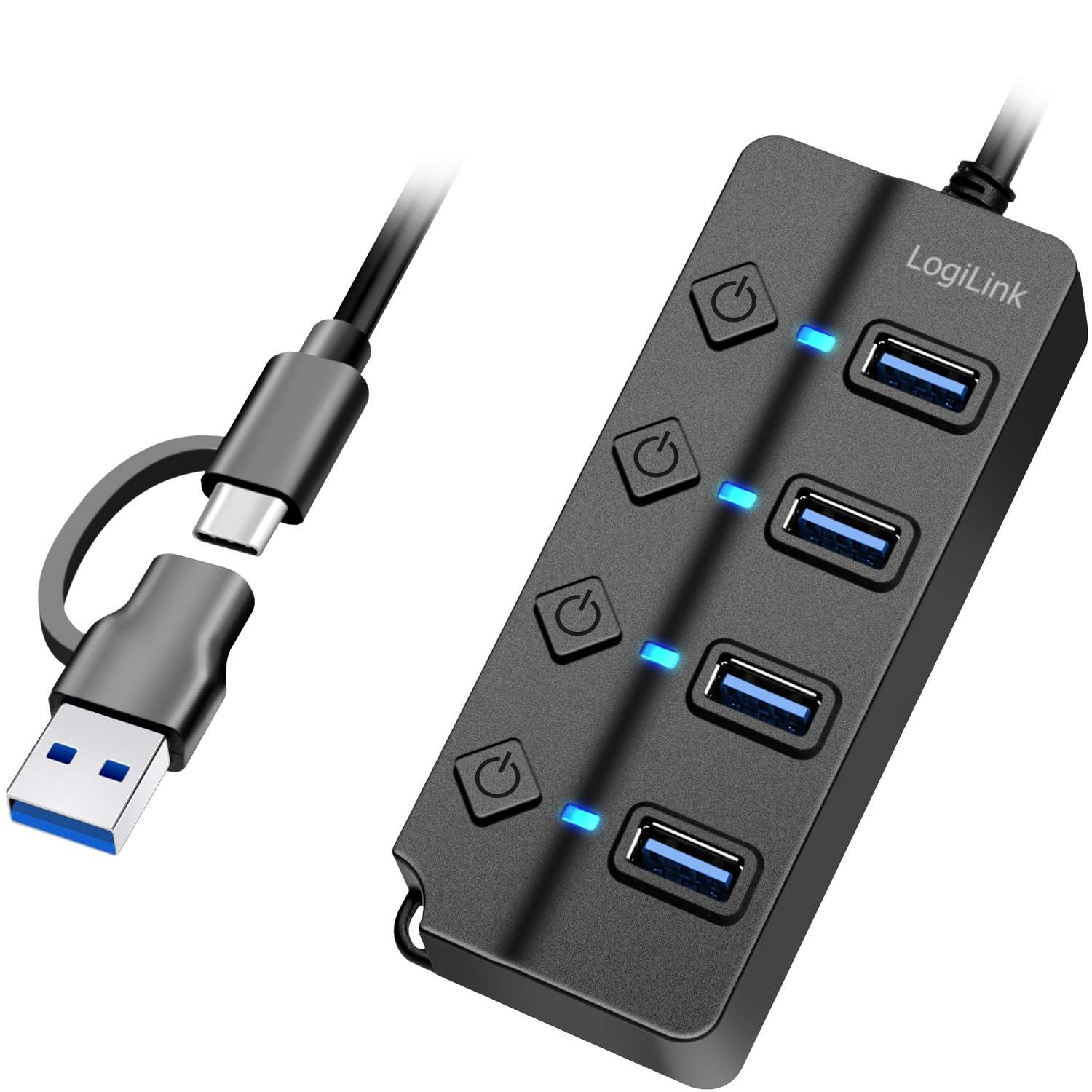 4-porttinen USB-keskitin erillisillä päälle/pois-painikkeilla USB-C/USB-A USB 3.2 Gen1:ssä